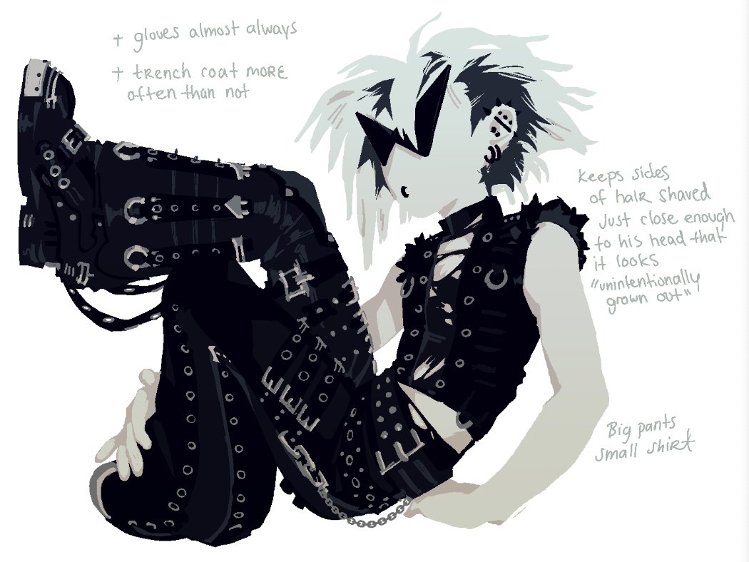 dirk strider, homestuck, 1boy, alternate costume, colored skin, ear piercing, face piercing, full body, goth fashion, kamina shades, lip piercing, male focus, ohmeiios, piercing, simple background, solo, white background, white skin