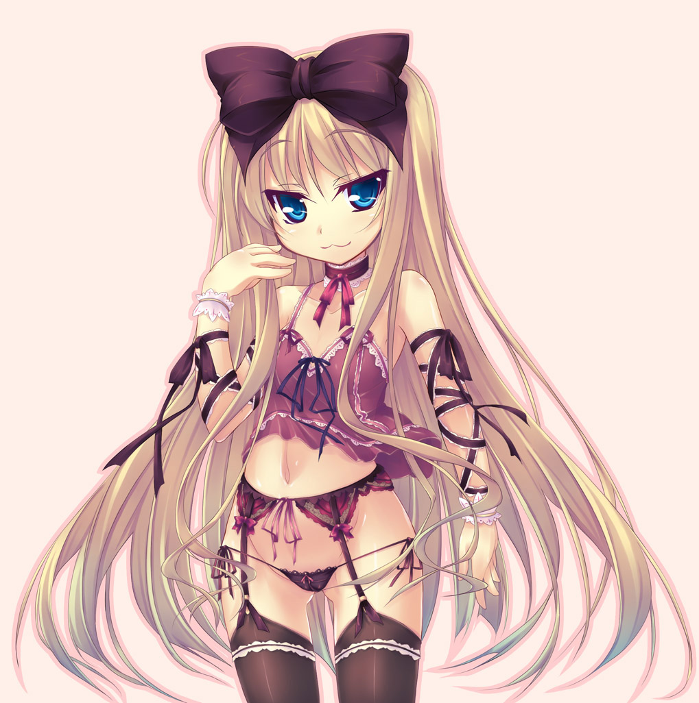 shimakaze (soundz of bell), suzune merveillex, angel wish, 1girl, :3, blonde hair, cameltoe, camisole, female focus, flat chest, garter belt, loli, long hair, lowleg, lowleg panties, naughty face, panties, ribbon, side-tie panties, solo, thighhighs, underwear