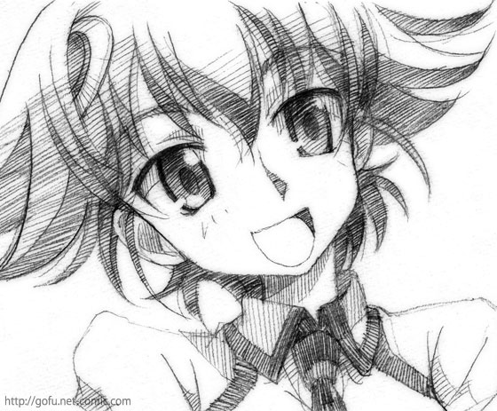 gofu, shishidou akiha, sora wo kakeru shoujo, traditional media, 00s, greyscale, monochrome, sketch, smile