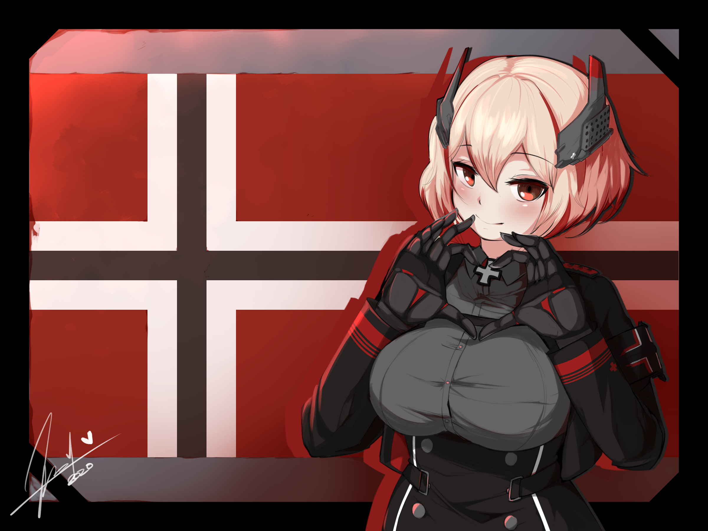 doppel (cursed atelier), roon (azur lane), azur lane, commentary, english commentary, highres, 1girl, armband, black armband, black jacket, blonde hair, breasts, buttons, collared shirt, double-breasted, flag background, framed breasts, grey shirt, hair between eyes, headgear, heart, heart hands, jacket, large breasts, long sleeves, looking at viewer, mechanical hands, multicolored hair, red eyes, red streaks, shirt, short hair, signature, smile, solo, streaked hair, taut clothes, taut shirt, two-tone hair, upper body