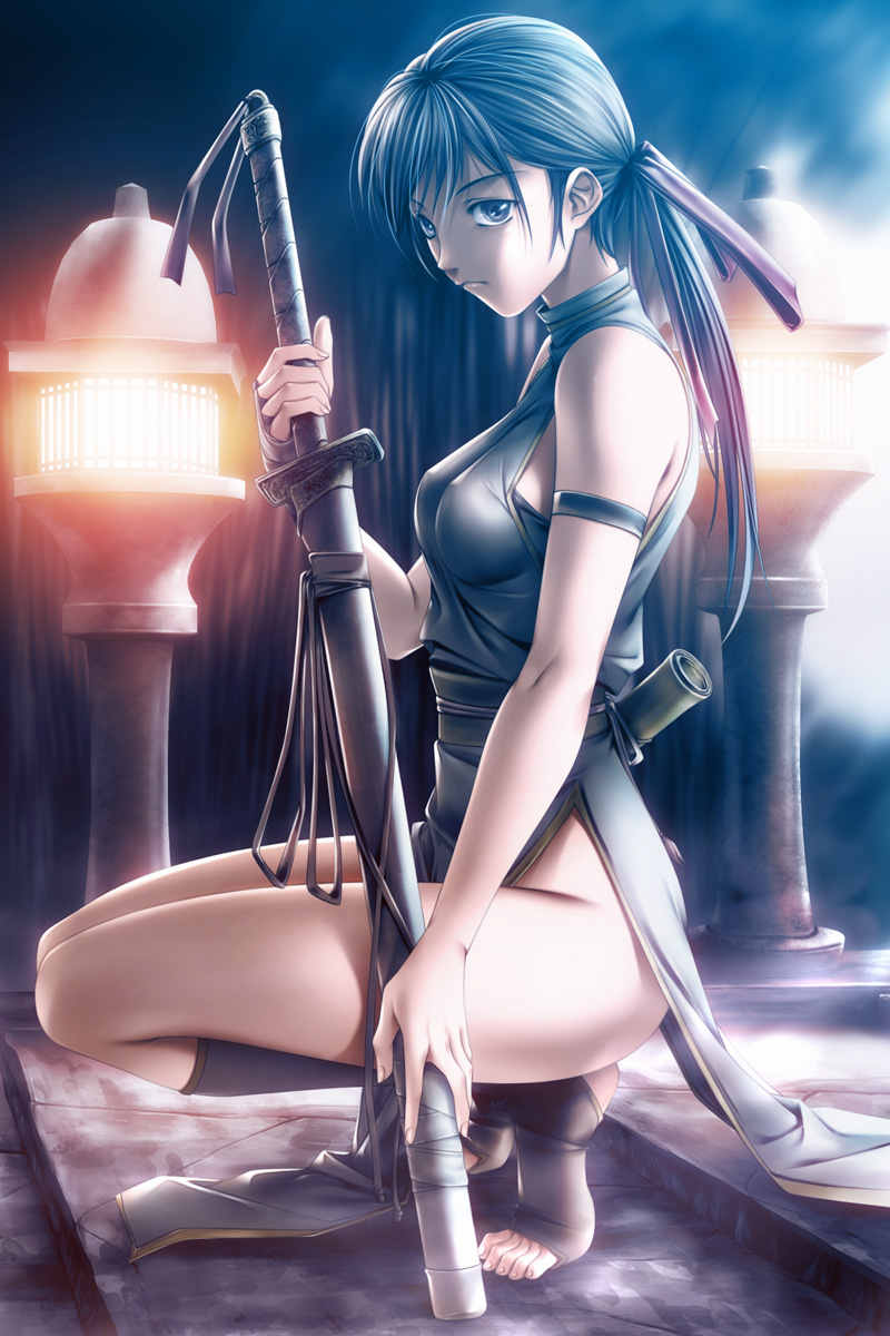 rezi, original, bad id, bad pixiv id, highres, 1girl, armband, bare shoulders, barefoot, black eyes, black hair, breasts, china dress, chinese clothes, dress, female focus, katana, kneehighs, lamp, legs, lips, long hair, medium breasts, no panties, ponytail, sheath, sheathed, sleeveless, sleeveless turtleneck, socks, solo, squatting, sword, toeless legwear, toes, turtleneck, weapon