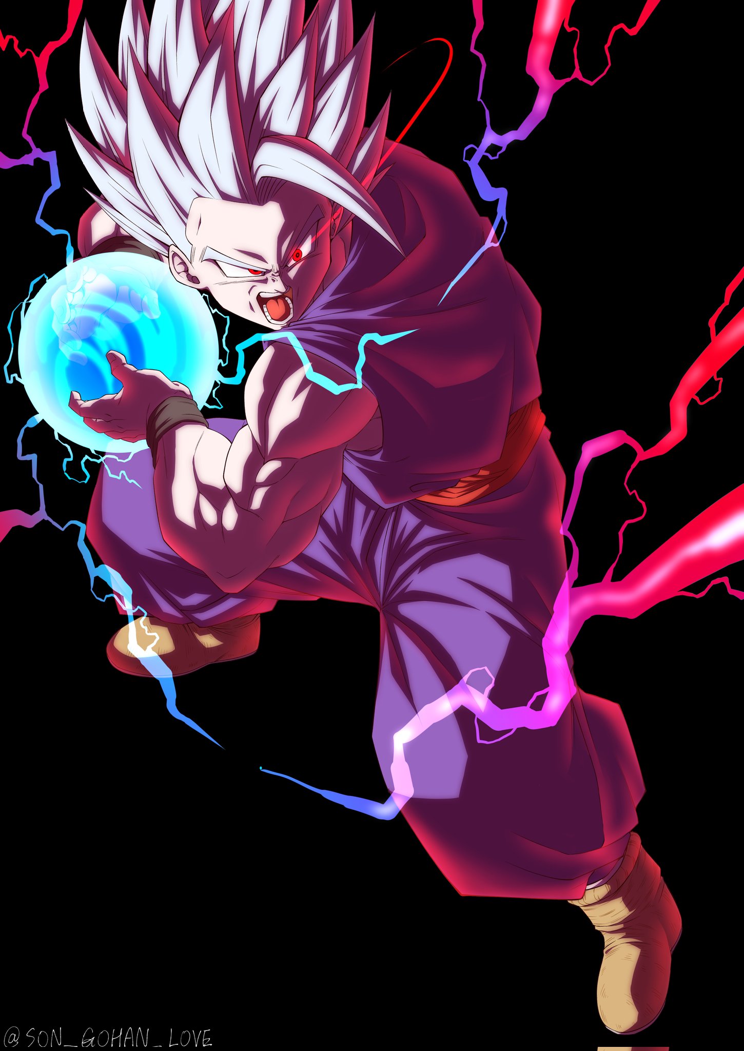 son gohan love, gohan beast, son gohan, dragon ball, dragon ball super, dragon ball super broly, highres, 1boy, black background, dougi, electricity, energy ball, eye trail, full body, kamehameha (dragon ball), light trail, male focus, muscular, muscular male, open mouth, pants, powering up, purple pants, purple shirt, red eyes, red sash, sash, shirt, simple background, solo, spiked hair, twitter username, white hair