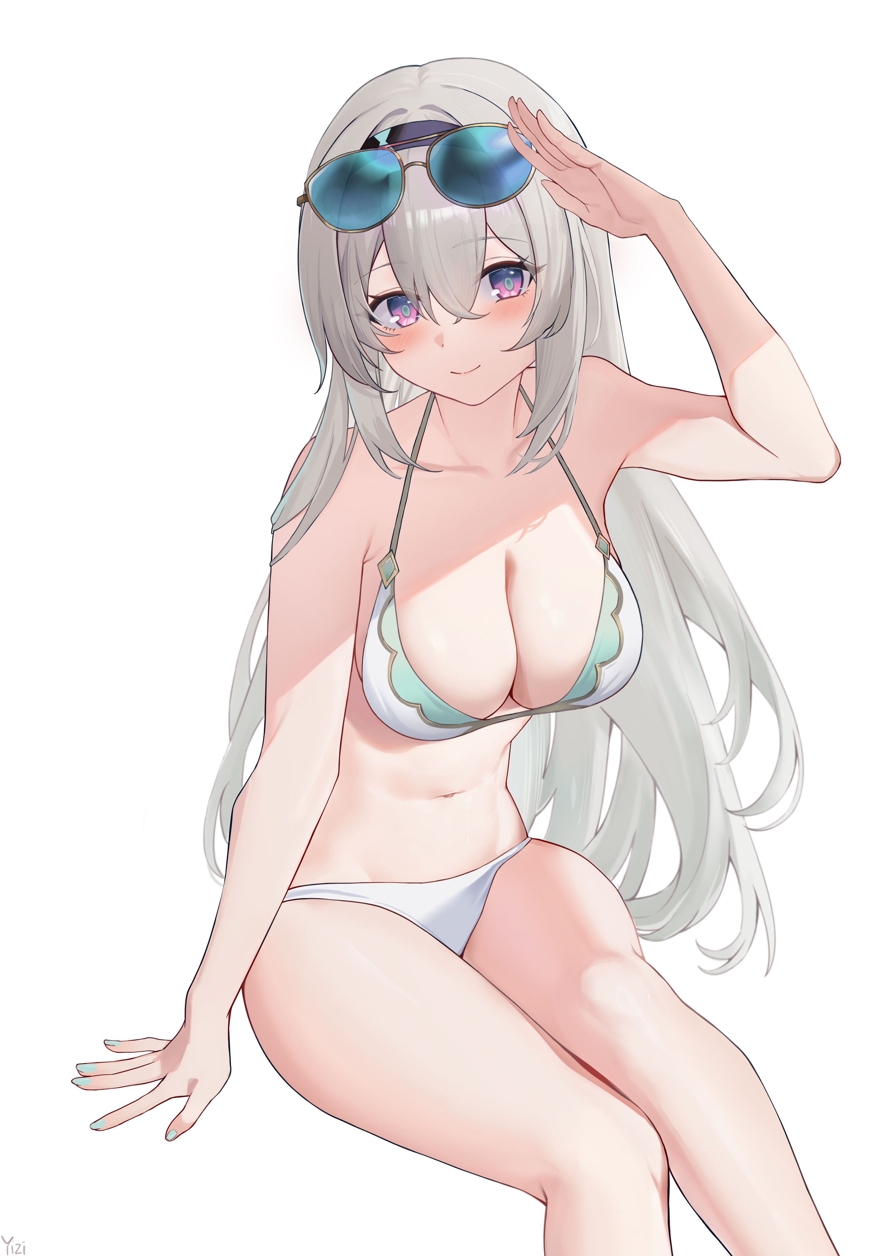 yizi (yizi official), firefly (honkai: star rail), honkai: star rail, honkai (series), absurdres, highres, aqua nails, arm at side, arm up, bare arms, bare legs, bare shoulders, bikini, black hairband, blue eyes, blush, breasts, cleavage, closed mouth, crossed bangs, feet out of frame, gradient eyes, grey hair, hair between eyes, hairband, halterneck, invisible chair, knees together feet apart, large breasts, long hair, looking at viewer, multicolored eyes, nail polish, navel, pink eyes, shading eyes, simple background, sitting, smile, sunglasses, swimsuit, very long hair, white background, white bikini