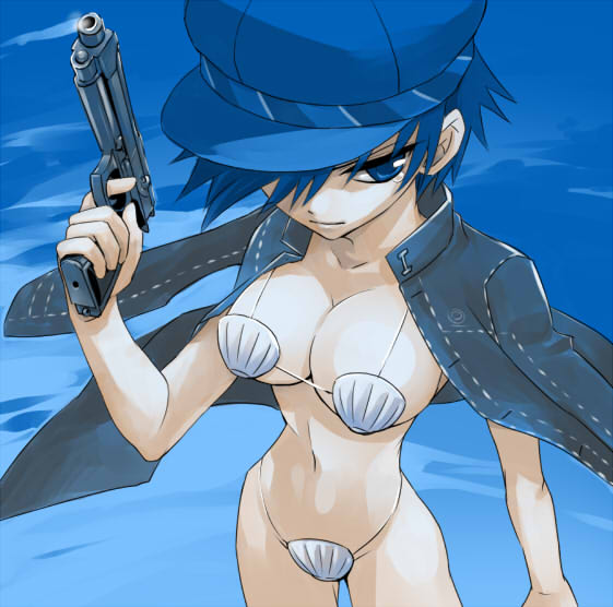 mari (mari^3), shirogane naoto, atlus, persona, persona 4, bad id, bad pixiv id, 1girl, bikini, breasts, cleavage, female focus, gun, hat, jacket, jacket on shoulders, large breasts, newsboy cap, open clothes, open jacket, seashell, shell, shell bikini, shells, short hair, solo, swimsuit, weapon, white bikini