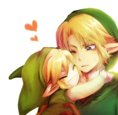 link, toon link, nintendo, the legend of zelda, lowres, 2boys, blonde hair, blue eyes, earrings, hat, heart, hug, jewelry, male focus, multiple boys, pointy ears, smile