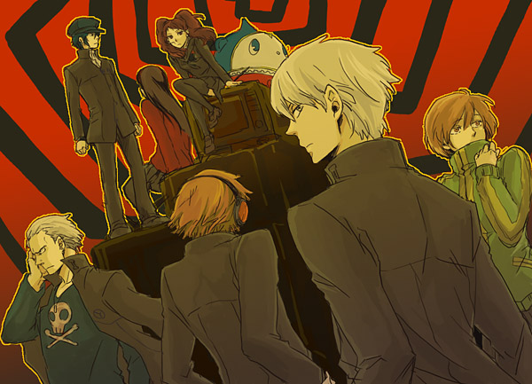 amagi yukiko, hanamura yousuke, kujikawa rise, kuma (persona 4), narukami yu, satonaka chie, shirogane naoto, tatsumi kanji, atlus, persona, persona 4, 3boys, 4girls, black hair, blue eyes, brown eyes, brown hair, grey hair, hat, headphones, multiple boys, multiple girls, school uniform, short hair, twintails