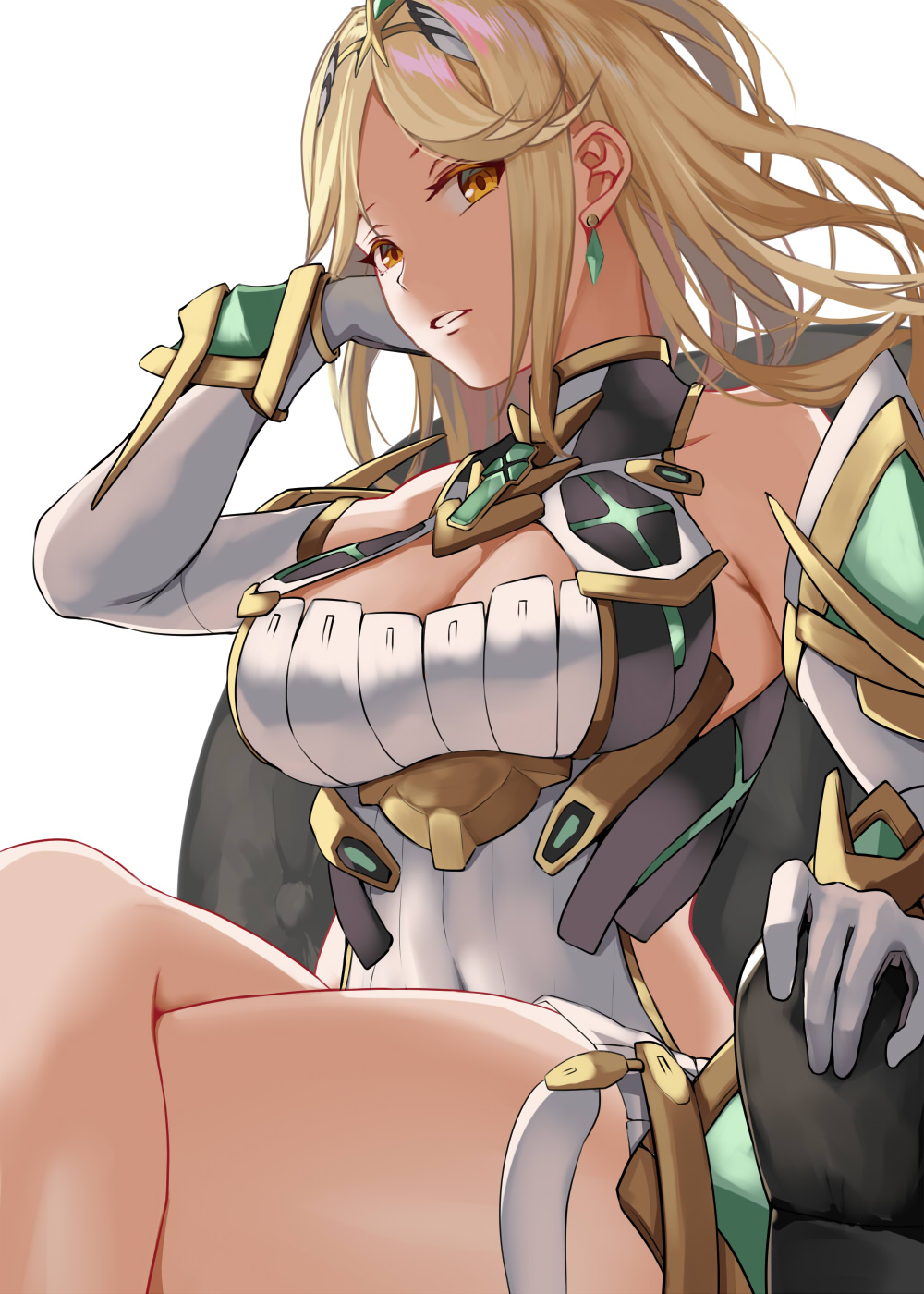 sail (sail-away), mythra (xenoblade), xenoblade chronicles (series), xenoblade chronicles 2, highres, 1girl, bare shoulders, blonde hair, breasts, chair, chest jewel, cleavage, cleavage cutout, clothing cutout, core crystal (xenoblade), crossed legs, dress, earrings, jewelry, large breasts, long hair, microdress, simple background, sitting, solo, tiara, upper body, white background, white dress