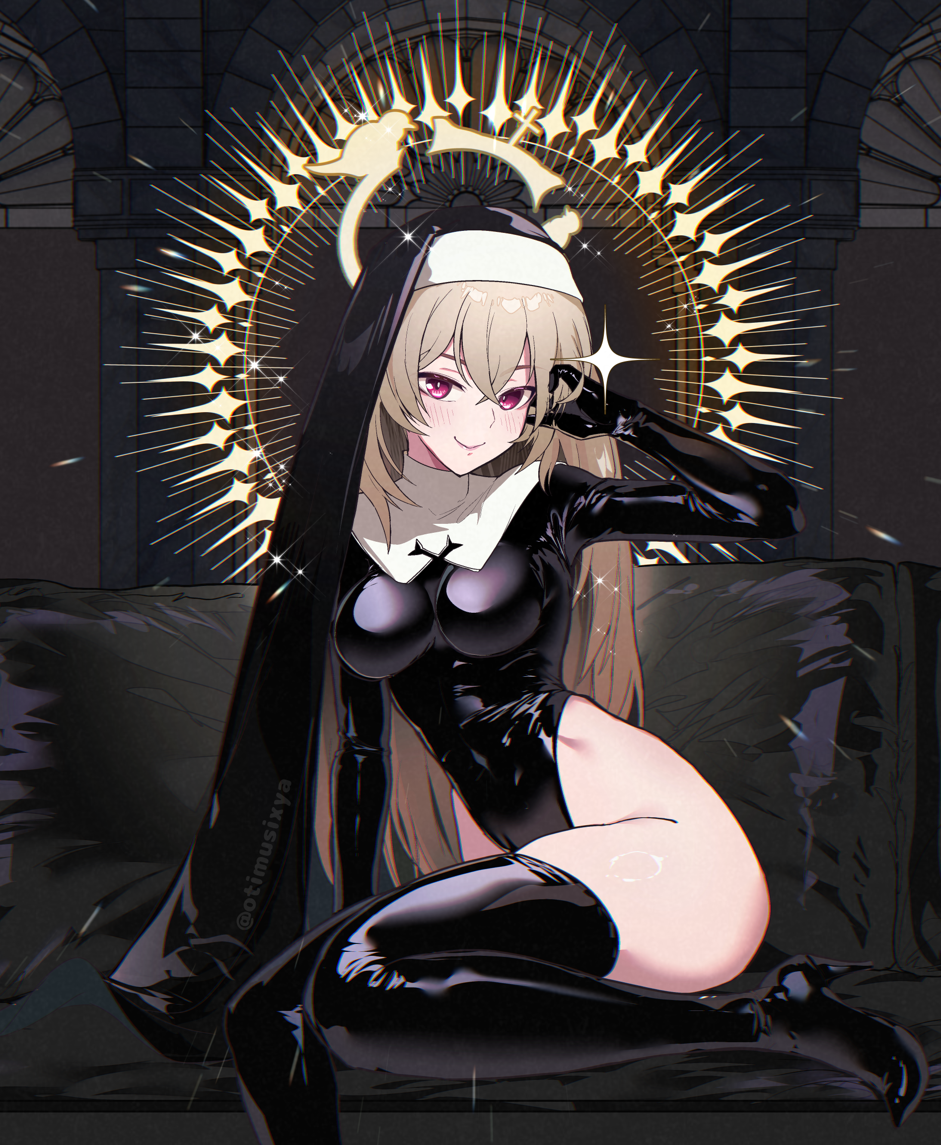 ryuu tou, justina follower (blue archive), sakurako (blue archive), sakurako (justina uniform) (blue archive), blue archive, highres, 1girl, black boots, black leotard, black veil, blonde hair, boots, breasts, guimpe, halo, high heel boots, high heels, highleg, highleg leotard, impossible clothes, impossible leotard, latex, latex boots, latex leotard, leotard, medium breasts, nun, official alternate costume, red eyes, shiny clothes, skin tight, solo, thigh boots, veil