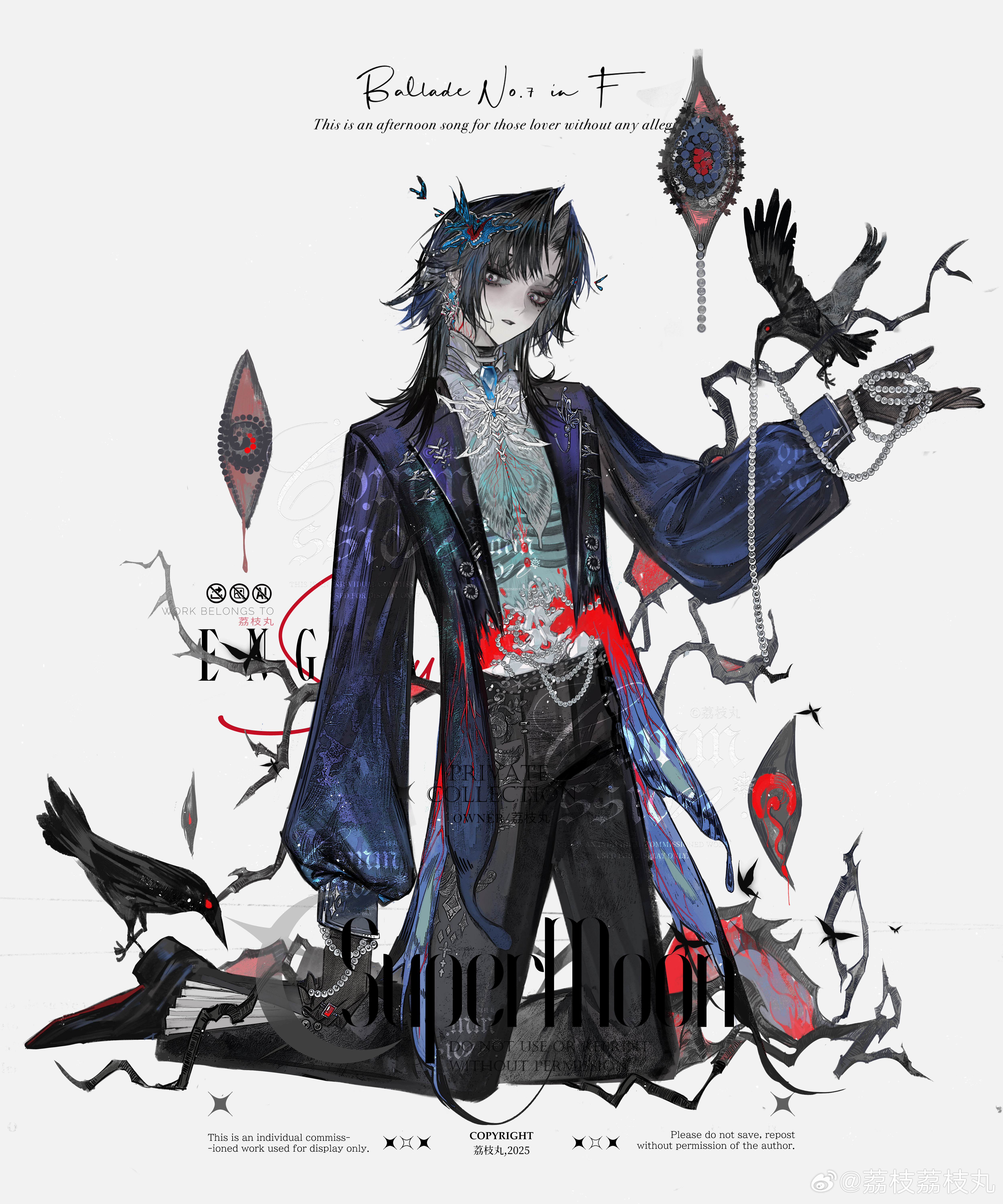 original, absurdres, chinese commentary, commission, highres, 1boy, aqua shirt, arm at side, bags under eyes, bird, black butterfly, black choker, black gloves, black hair, black pants, black shoes, blue coat, blue gemstone, bracelet, branch, brooch, bug, butterfly, butterfly earrings, butterfly hair ornament, choker, coat, coattails, colored shoe soles, crow, curtained hair, disembodied eye, dress shoes, ear piercing, earrings, english text, exposed bone, eye symbol, full body, gem, gloves, grey eyes, hair ornament, head tilt, holding, holding jewelry, holding necklace, insect, jewelry, kneeling, lapel pin, lapels, lizhi wan, long sleeves, looking at viewer, male focus, medium hair, mole, mole under eye, moth, multiple rings, necklace, open clothes, open coat, ornate ring, pants, parted bangs, parted lips, pearl bracelet, pearl necklace, piercing, pleated pants, puffy long sleeves, puffy sleeves, red coat, ribs, ring, shirt, shoes, sideways glance, simple background, single earring, solo, spine, thumb ring, tuxedo shirt, two-sided coat, two-sided fabric, unworn jewelry, unworn necklace, watermark, weibo watermark, white background