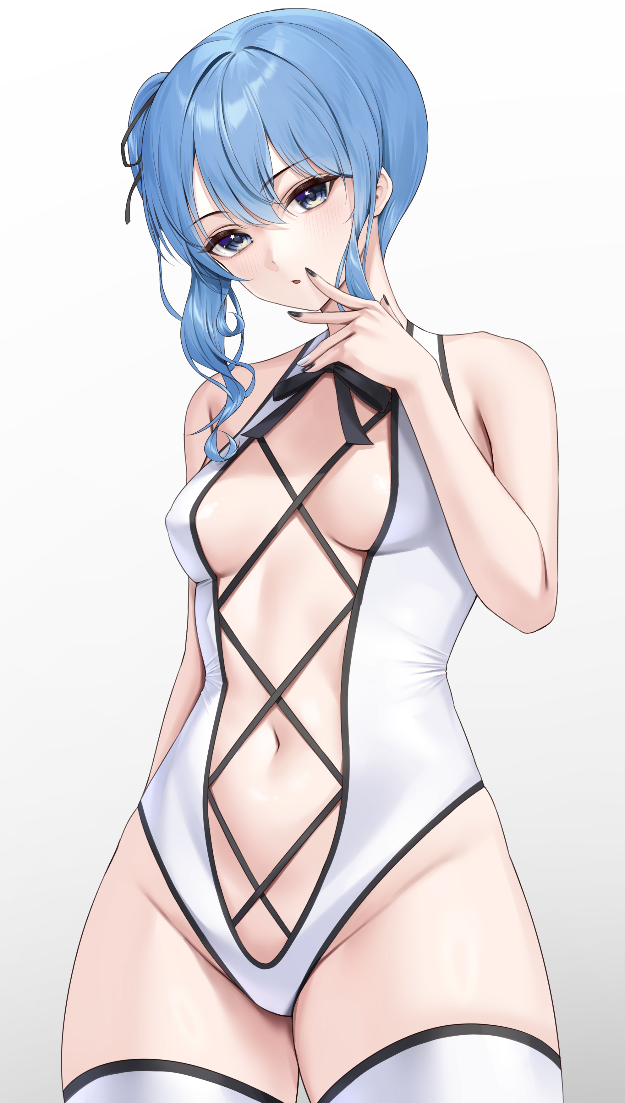 laimer, hoshimachi suisei, hololive, absurdres, highres, 1girl, arm behind back, black nails, blue eyes, blue hair, blush, breasts, criss-cross straps, grey background, groin, hand up, multicolored nails, navel, one-piece swimsuit, parted lips, side ponytail, simple background, small breasts, solo, star (symbol), star in eye, stomach, swimsuit, symbol in eye, thighhighs, thighs, white nails, white one-piece swimsuit, white thighhighs