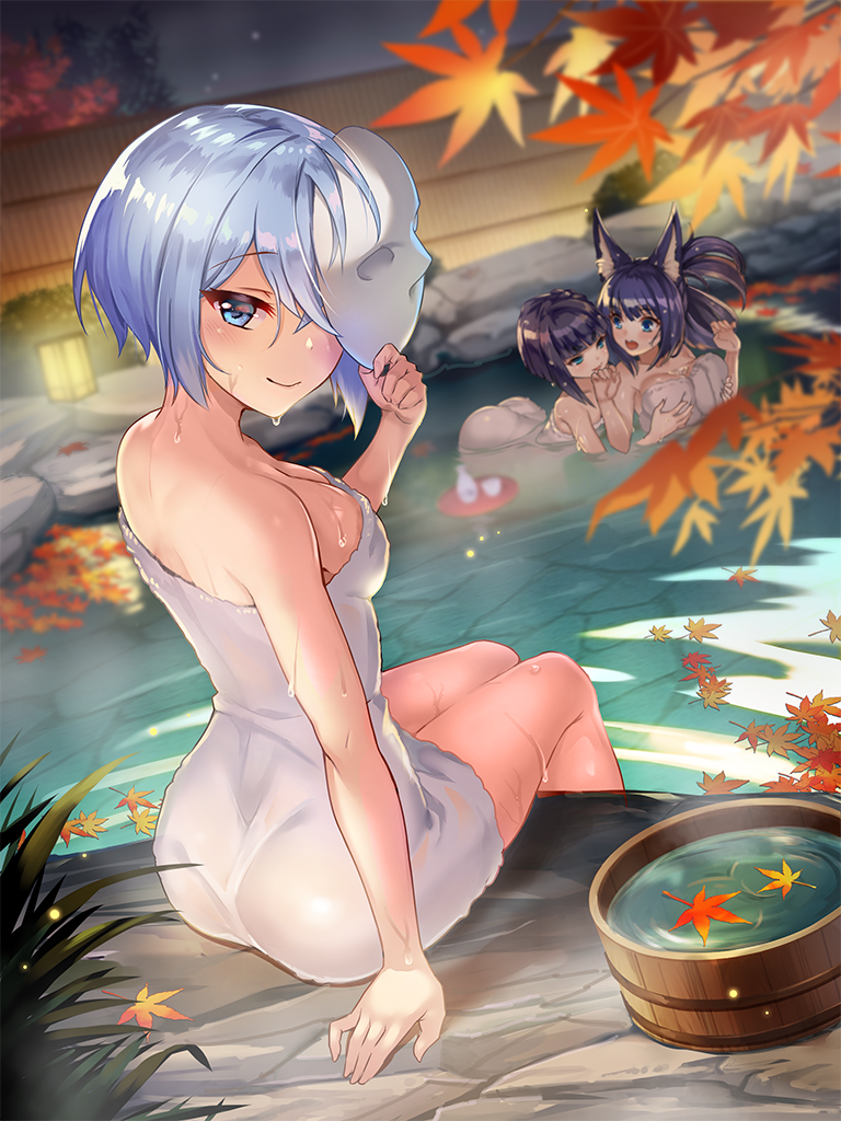 noppera-bou (ragnador), ragnador, commentary request, official art, third-party source, 3girls, alcohol, animal ears, aqua eyes, aqua hair, autumn leaves, blue eyes, blue hair, blunt bangs, blush, breasts, closed mouth, grabbing another's breast, grabbing from behind, grass, groping, holding, holding mask, izuna (ragnador), lantern, large breasts, leaf, long hair, looking at viewer, maple leaf, mask, multiple girls, naked towel, night, night sky, onsen, open mouth, purple hair, sake, short hair, sitting, sky, smile, takiyasha hime (ragnador), tokkuri, towel, wet, white mask