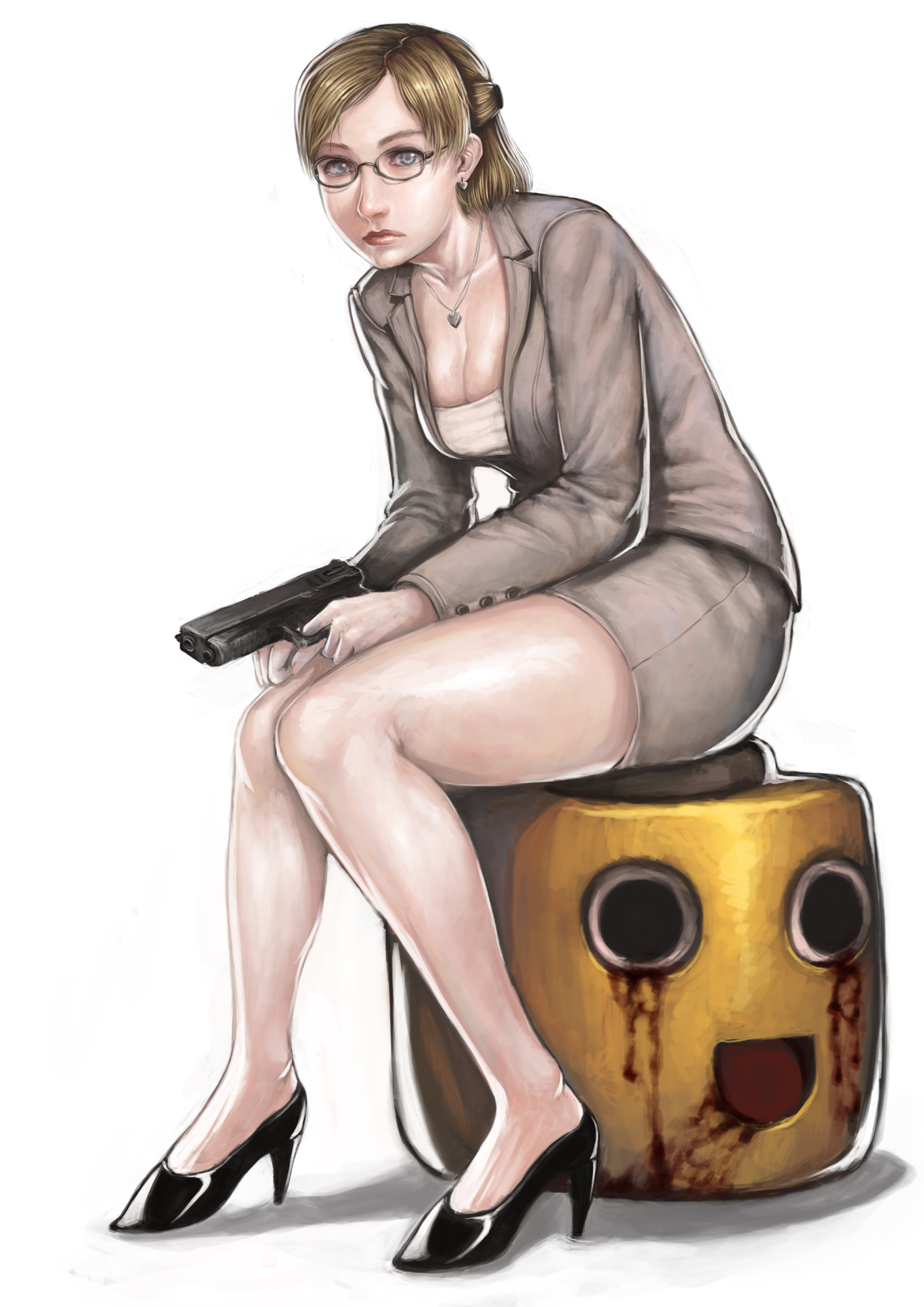 tianzhong zhongtian, jessica mccarney, servbot (mega man), capcom, dead rising, dead rising 1, mega man (series), mega man legends (series), bad id, bad pixiv id, highres, 1girl, blood, breasts, cleavage, female focus, formal clothes, glasses, gun, handgun, high heels, office lady, pistol, pumps, shoes, sitting, solo, solo focus, suit, weapon