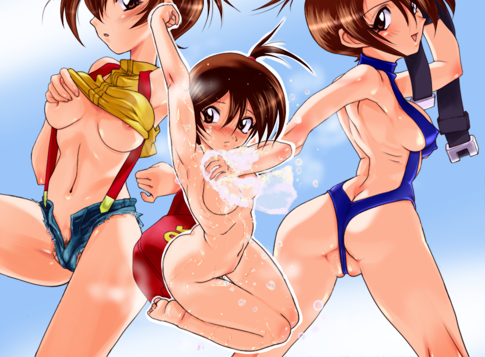 otsukare, misty (pokemon), nintendo, pokemon, pokemon: the electric tale of pikachu, pokemon (anime), crotch, washing, bad id, 1girl, alternate costume, areola slip, arm up, armpits, ass, back, barefoot, bath, bathing, belt, bent over, black hair, blue background, blue eyes, blush, breasts, brown eyes, brown hair, bubble, bursting breasts, butt crack, cameltoe, casual one-piece swimsuit, censored, cleavage, clothes lift, cloud, convenient censoring, covered erect nipples, covering breasts, covering privates, crop top, curvy, cutoffs, denim, denim shorts, facial hair, feet, fingerless gloves, frown, gloves, grabbing another's breast, grabbing own breast, green eyes, groping, gym leader, hair ornament, halterneck, happy, hat, high side ponytail, hip focus, kneepits, knees, legs, lens flare, looking back, medium breasts, multiple persona, multiple views, naughty face, navel, nipple slip, nipples, no bra, no panties, nose blush, nude, nude cover, one-piece swimsuit, open clothes, open fly, open mouth, open shorts, orange hair, outdoors, outstretched arm, panties, parted lips, partially visible vulva, poke ball, ponytail, pubic hair, pubic hair peek, pubic stubble, reference sheet, seiza, shirt, shirt lift, short hair, short ponytail, short shorts, shorts, side ponytail, sideboob, simple background, sitting, sky, sleeveless, sleeveless shirt, slingshot swimsuit, small breasts, smile, soap, soles, striped clothes, striped panties, stubble, suspenders, swimsuit, teasing, thigh gap, tight clothes, toes, tomboy, topfreedom, topless female, towel, unbuttoned, uncensored, underboob, underwear, unzipped, water, wide hips, worried, yellow shirt
