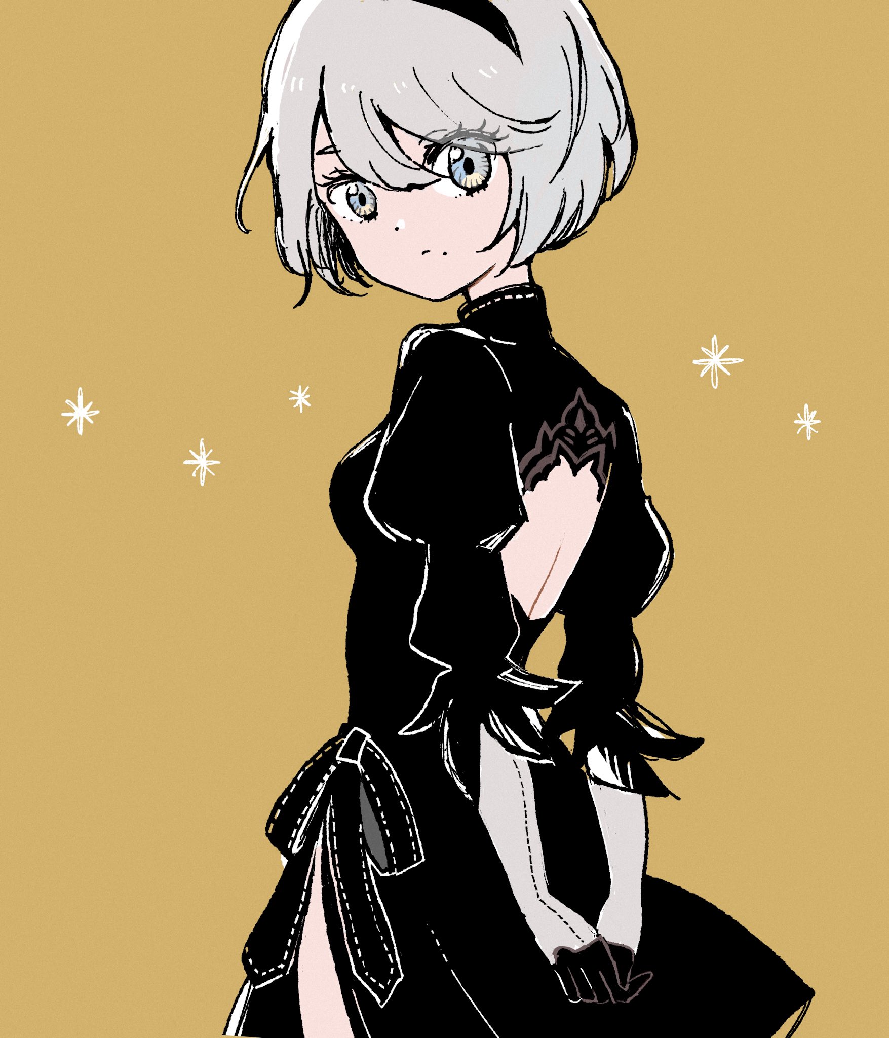 2b (nier:automata), nier:automata, nier (series), highres, 1girl, arms behind back, black dress, black hairband, closed mouth, dress, eyelashes, grey hair, hair between eyes, hairband, light frown, looking at viewer, nmiznm, puffy sleeves, short hair, solo
