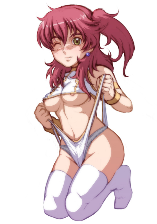 caryo, tabigarasu, nena trinity, gundam, gundam 00, bad id, bad pixiv id, 00s, 1girl, breasts, female focus, freckles, frontal wedgie, nipple slip, nipples, one eye closed, panties, panty pull, self wedgie, side ponytail, solo, thighhighs, underboob, underwear, wedgie, wink
