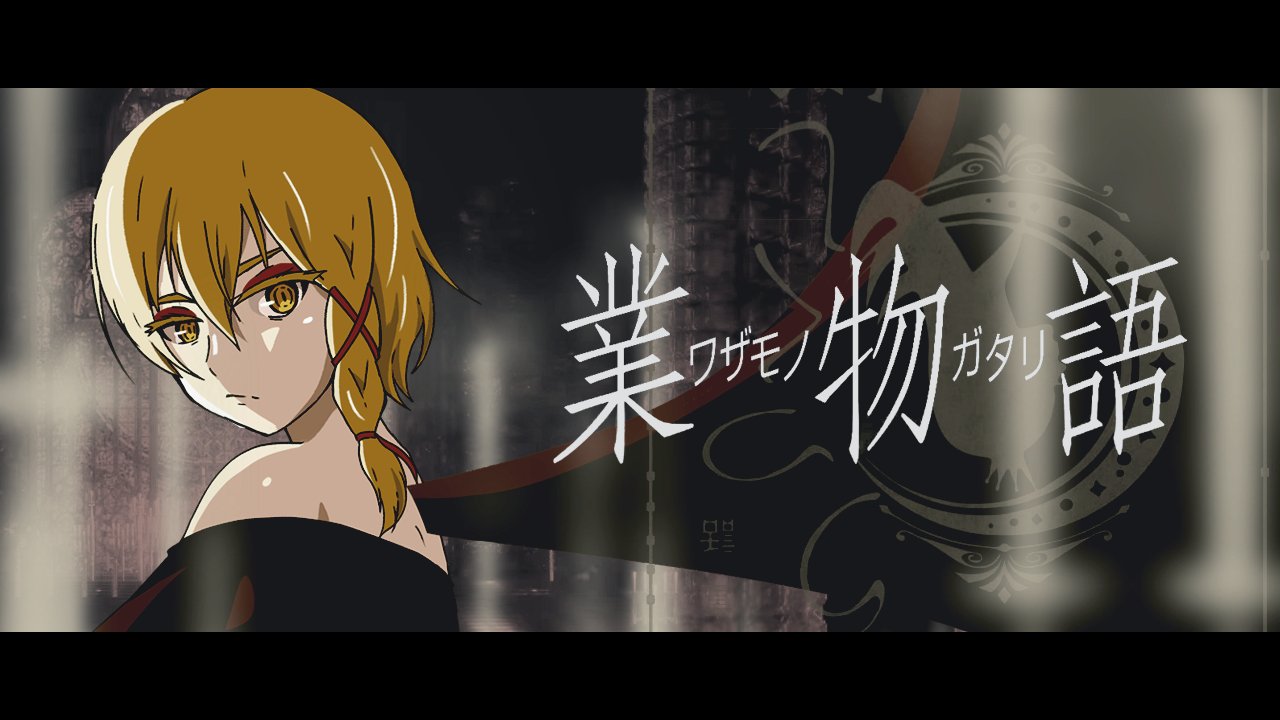 sonikkusupin, deathtopia virtuoso suicide-master, monogatari (series), translation request, 1girl, arms at sides, bare shoulders, black border, black cape, black wings, blonde hair, border, braid, cape, cathedral, church, closed mouth, colored eyelashes, eyeshadow, foreground text, from side, frown, hair between eyes, hair ribbon, letterboxed, logo, looking at viewer, makeup, medium hair, narrowed eyes, red eyeshadow, red ribbon, ribbon, ringed eyes, rose window, side braid, sidelighting, tress ribbon, upper body, wazamonogatari, wings, yellow eyes