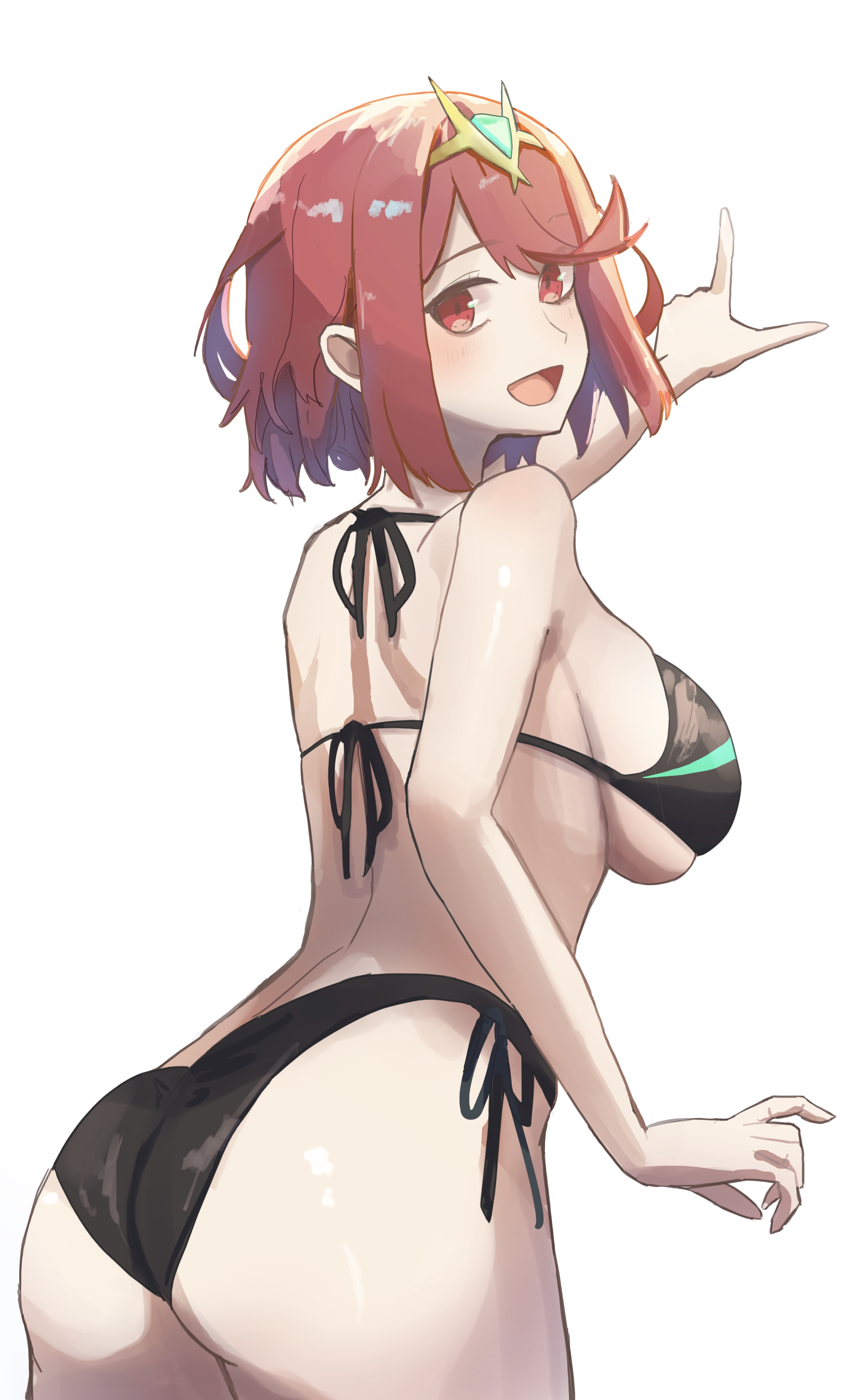 amausa subee, pyra (xenoblade), xenoblade chronicles (series), xenoblade chronicles 2, absurdres, highres, 1girl, ass, bikini, black bikini, breasts, cowboy shot, from behind, large breasts, looking at viewer, looking back, open mouth, pointing, red eyes, red hair, short hair, side-tie bikini bottom, sideboob, simple background, solo, swimsuit, tiara, white background
