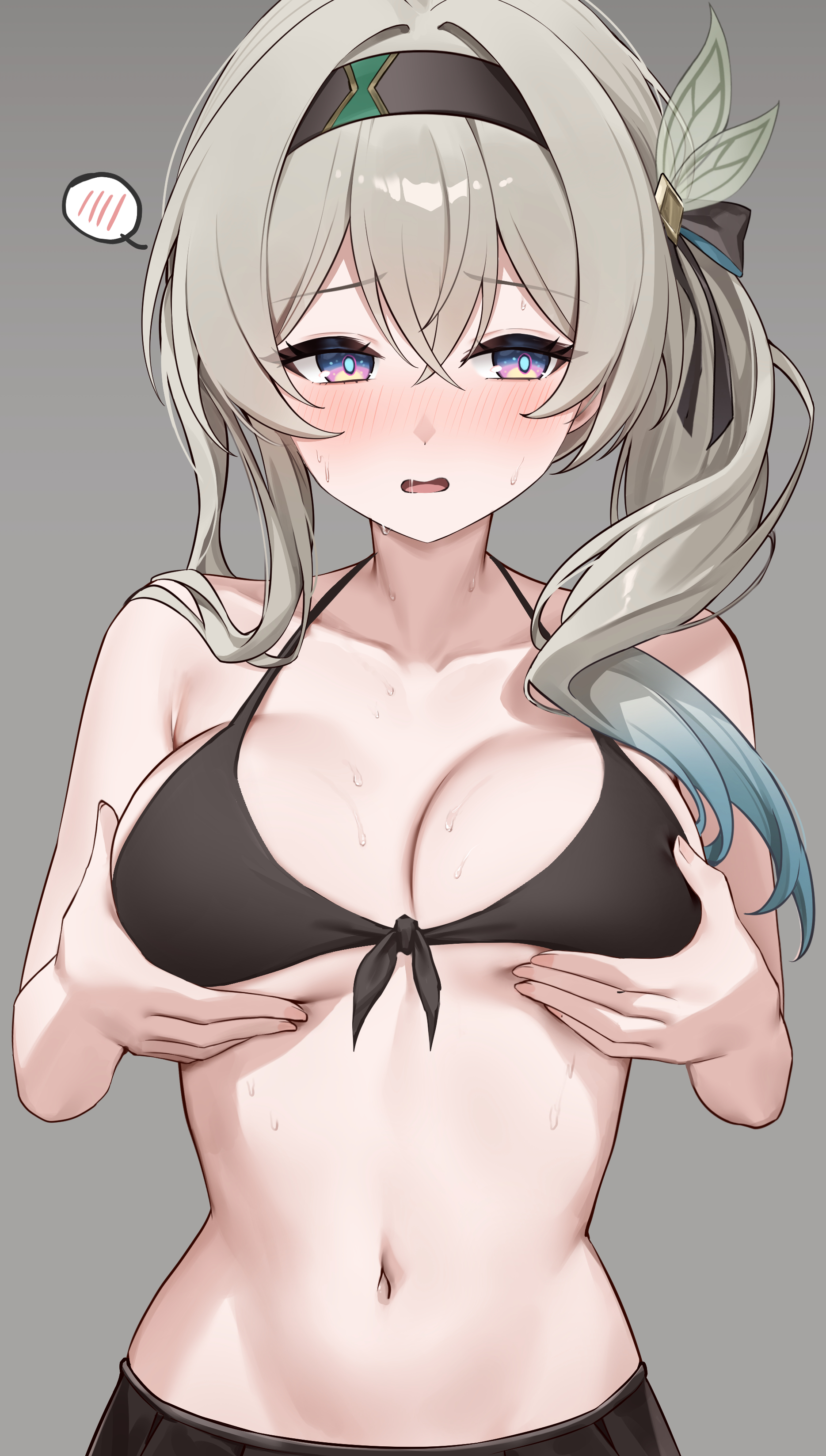 lunacle, firefly (honkai: star rail), honkai: star rail, honkai (series), absurdres, commentary, highres, paid reward available, symbol-only commentary, 1girl, alternate costume, alternate hairstyle, bare shoulders, bikini, bikini top only, black bikini, black bow, black hairband, blush, bow, breast lift, breasts, cleavage, collarbone, fingernails, front-tie bikini top, front-tie top, gradient hair, green hair, grey background, grey hair, hair between eyes, hair bow, hairband, halterneck, long hair, looking to the side, multicolored hair, navel, open mouth, saliva, side ponytail, sideways glance, simple background, solo, spoken blush, stomach, string bikini, sweat, swimsuit, upper body