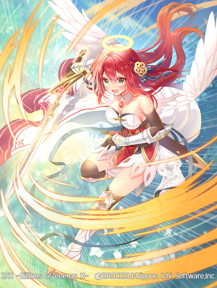 serino itsuki, z/x, official art, 1girl, ange (z/x), armored boots, black gloves, black thighhighs, boots, breasts, cleavage, copyright notice, detached collar, dress, elbow gloves, feathered wings, floating hair, gem, gloves, green eyes, hair between eyes, hair ornament, halo, holding, holding sword, holding weapon, large breasts, long hair, open mouth, red gemstone, red hair, sheath, solo, sword, thighhighs, traditional halo, unsheathed, vambraces, weapon, white dress, white wings, wings
