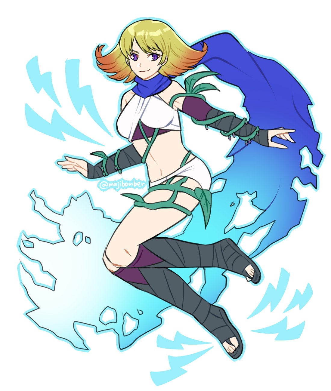 maji (majibomber), phosphora, kid icarus, kid icarus uprising, nintendo, highres, 1girl, blonde hair, blue outline, blue scarf, closed mouth, crop top, detached sleeves, full body, gradient hair, lightning, looking at viewer, multicolored hair, outline, plant, purple eyes, scarf, short shorts, shorts, smile, solo, twitter username, vines, white shorts