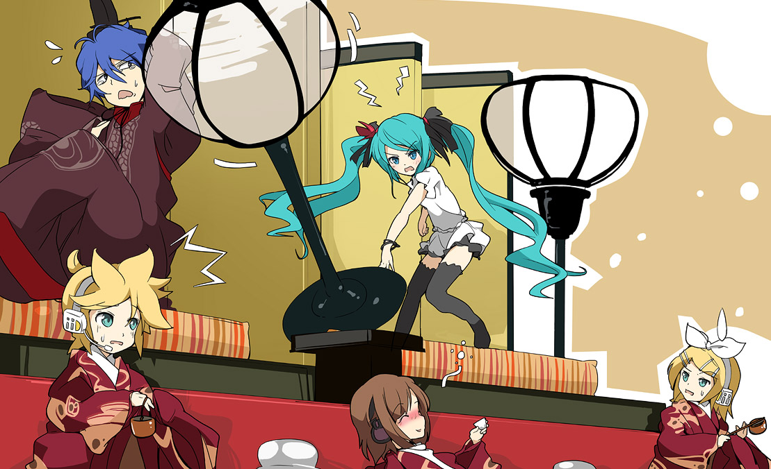 ixy, hatsune miku, kagamine len, kagamine rin, kaito (vocaloid), meiko (vocaloid), vocaloid, world is mine (vocaloid), 00s, 2boys, 3girls, angry, aqua hair, blush, drunk, hat, hina ningyou, hinadan, japanese clothes, kimono, multiple boys, multiple girls, surprised, sweatdrop, tantrum, tate eboshi, tears, thighhighs, twintails, zettai ryouiki