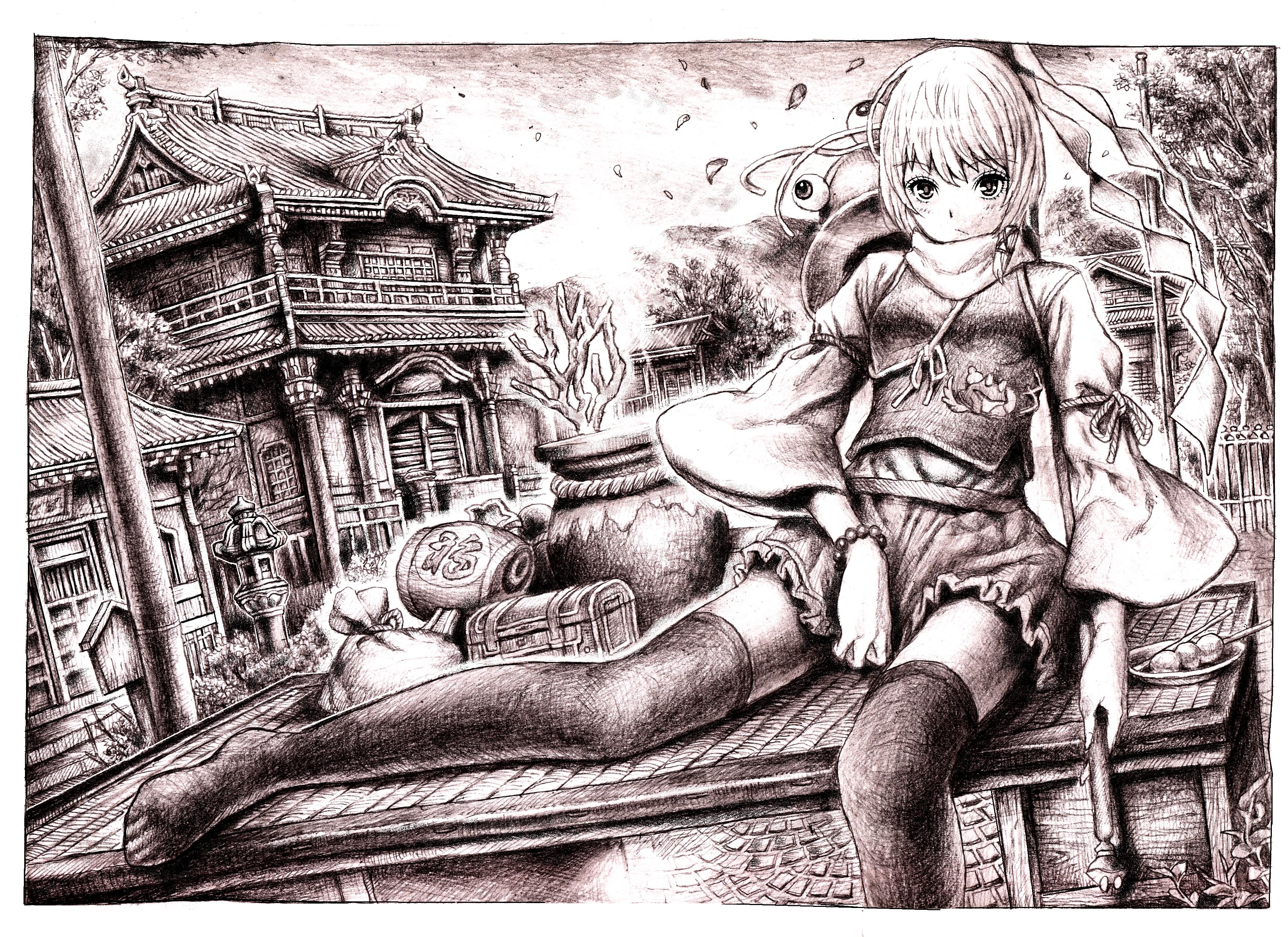 nobita (makoto7060355), moriya suwako, touhou, absurdres, highres, traditional media, 1girl, feet, female focus, monochrome, nature, outdoors, plant, purple theme, skirt, sky, solo, thighhighs