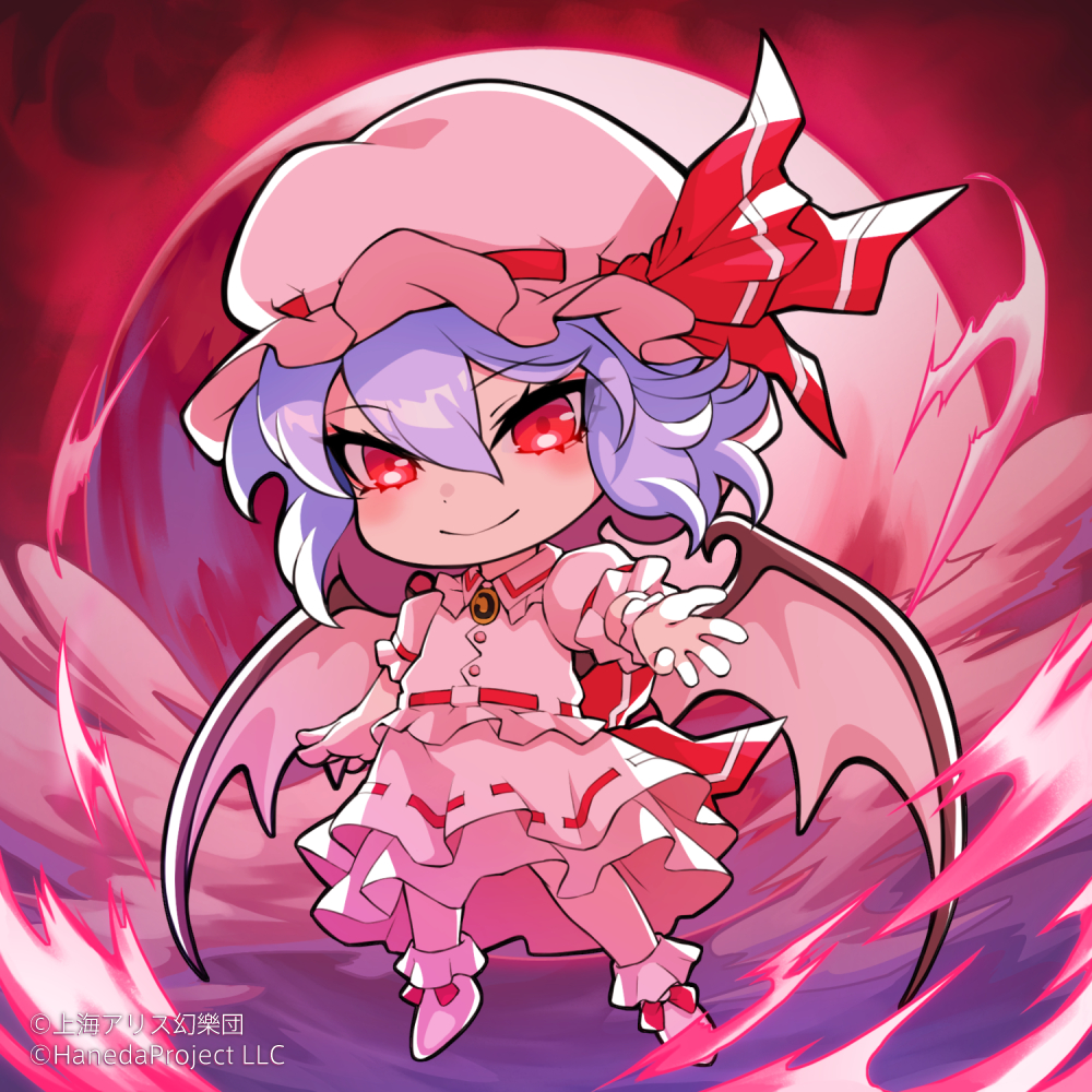 re (re 09), remilia scarlet, touhou, 1girl, ascot, bat wings, blonde hair, blue hair, blush, bow, dress, hat, hat ribbon, looking at viewer, mob cap, open mouth, puffy sleeves, purple hair, red eyes, ribbon, short hair, short sleeves, smile, solo, wings