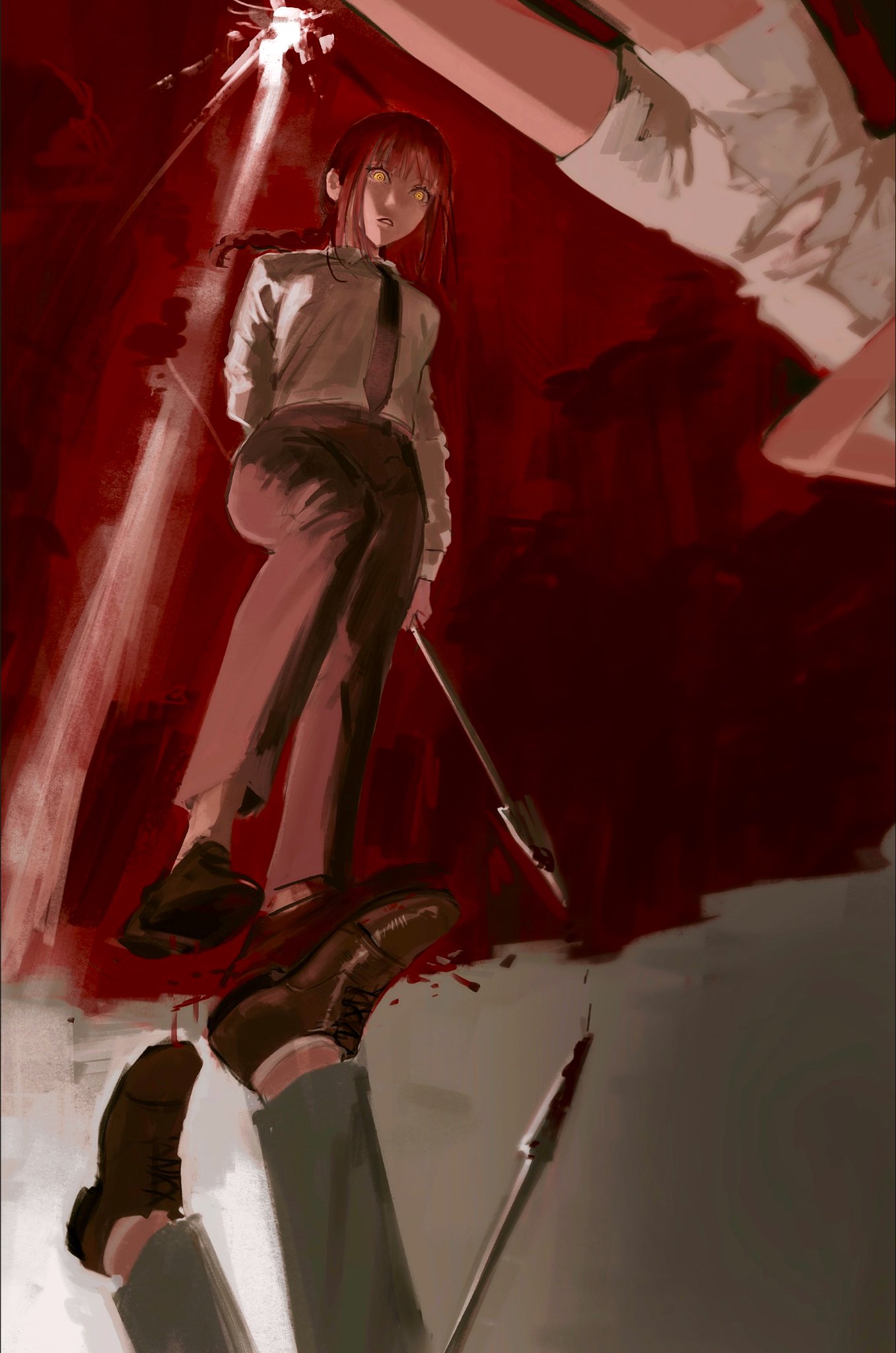 kamo (kamonegioisi), makima (chainsaw man), reze (chainsaw man), chainsaw man, highres, 2girls, belt, black belt, black necktie, blood, blood drip, blood on feet, blunt bangs, braid, collared shirt, glowing, glowing eyes, grey pants, holding, holding polearm, holding weapon, long hair, long sleeves, lying, multiple girls, necktie, on back, pants, parted lips, polearm, pool of blood, red hair, reflection, ringed eyes, shirt, shorts, spear, upside-down, weapon, white shirt, white shorts, yellow eyes