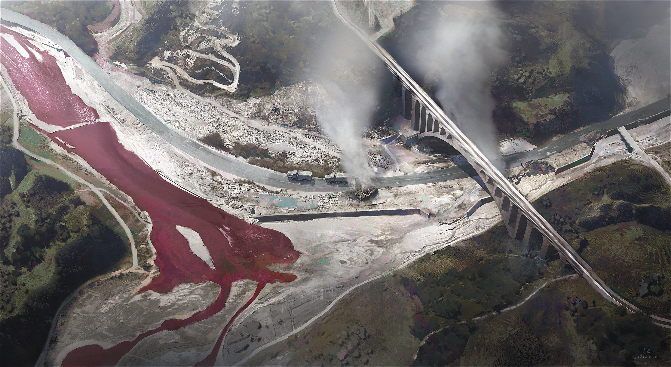 lhlclllx97, original, highres, battle, bridge, canal, destruction, from above, landscape, motor vehicle, no humans, road, scenery, smoke, truck, war, water