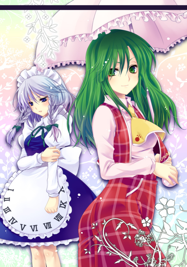 yukian, izayoi sakuya, kazami yuuka, kazami yuuka (pc-98), touhou, touhou (pc-98), silver hair, bad id, bad pixiv id, 2girls, alternate hairstyle, apron, ascot, blue eyes, braid, female focus, green eyes, green hair, hairband, long hair, maid, maid apron, multiple girls, pants, plaid clothes, plaid pants, plaid skirt, plaid vest, ribbon, short hair, skirt, skirt set, twin braids, umbrella, vest