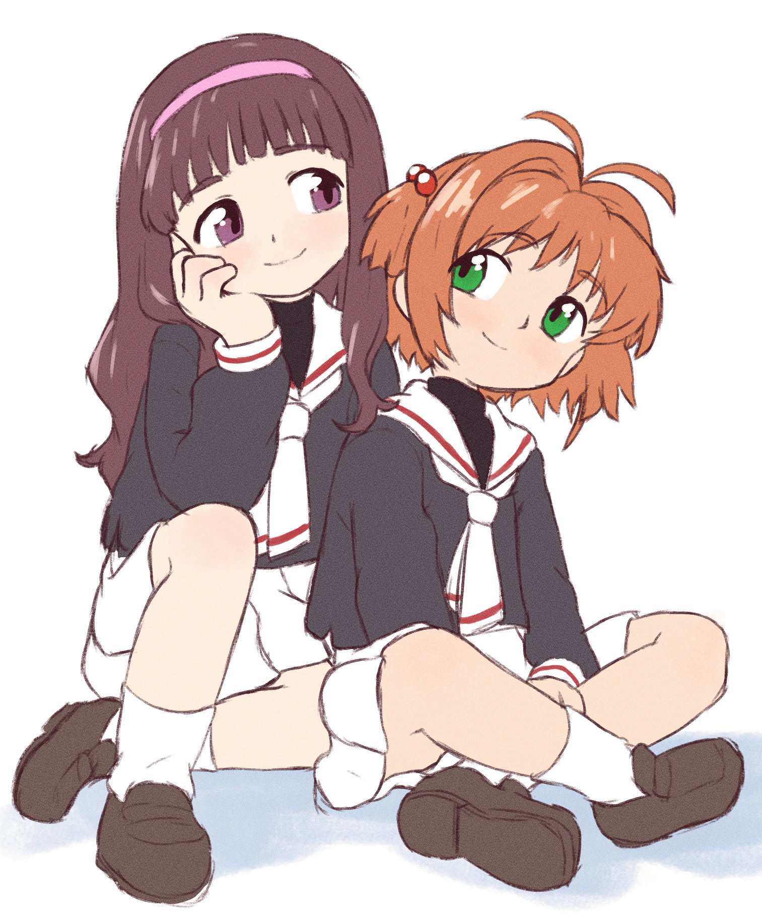 beachepisode, daidouji tomoyo, kinomoto sakura, cardcaptor sakura, highres, revision, 2girls, antenna hair, black serafuku, green eyes, hand on own cheek, hand on own face, headband, long hair, long sleeves, multiple girls, neckerchief, orange hair, pleated skirt, purple eyes, purple hair, purple headband, sailor collar, school uniform, serafuku, short hair, simple background, sitting, skirt, smile, tomoeda elementary school uniform, two side up, white background, white neckerchief, white sailor collar, white skirt