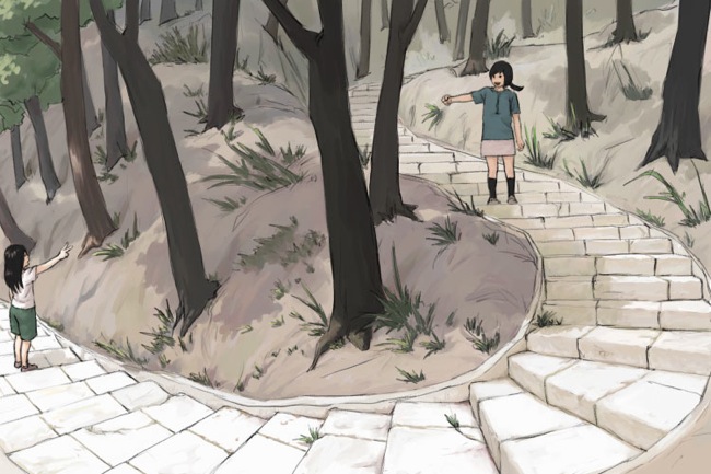 taxi (artist), original, tagme, black hair, black socks, blouse, child, kneehighs, miniskirt, outdoors, ponytail, rock paper scissors, shirt, skirt, slice of life, socks, standing, v, white shirt