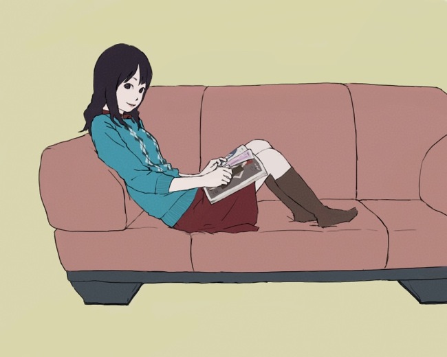 taxi (artist), original, black eyes, black hair, magazine (object), sitting, socks, solo