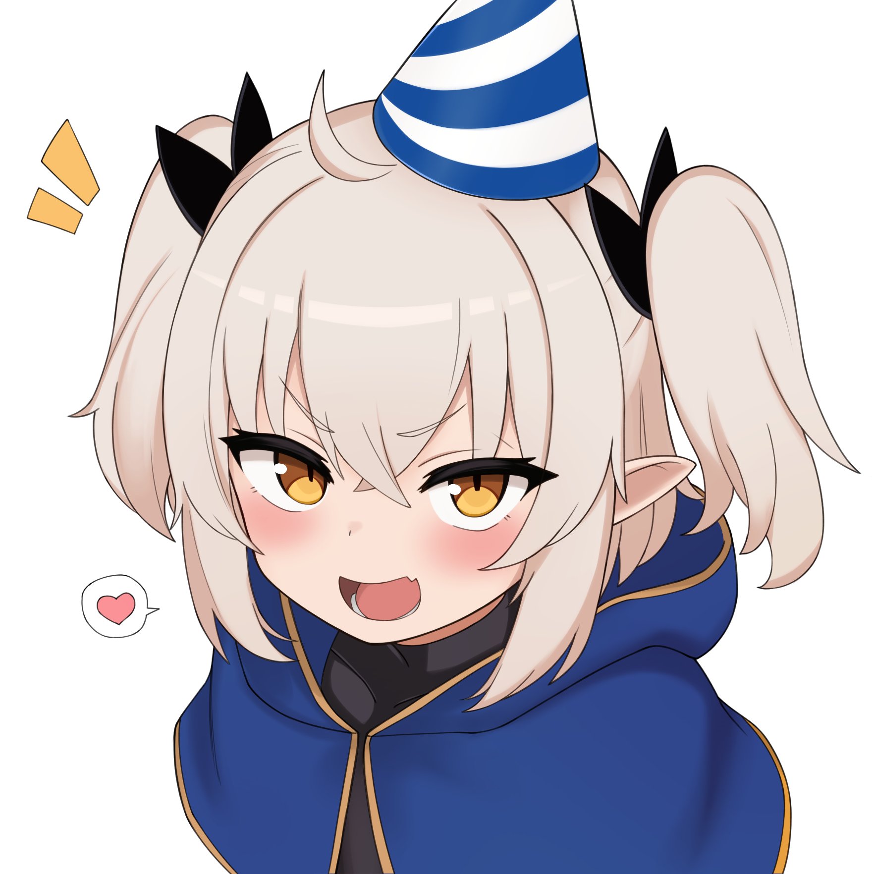 mikoscrub, kura-tan (mikoscrub), original, highres, 1girl, ahoge, blue capelet, blush, bow, capelet, elf, fang, hair bow, hat, heart, lower teeth only, notice lines, open mouth, party hat, pointy ears, simple background, skin fang, solo, spoken heart, teeth, twintails, white background, white hair, yellow eyes
