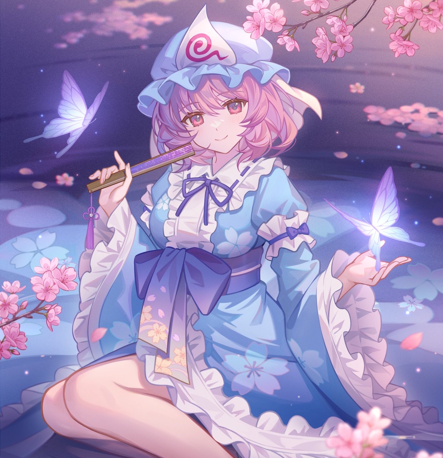 lazuri7, saigyouji yuyuko, touhou, highres, 1girl, blue dress, blue eyes, blush, bow, breasts, bug, butterfly, cherry blossoms, dress, frills, hat, insect, japanese clothes, kimono, long sleeves, looking at viewer, mob cap, petals, pink eyes, pink hair, red eyes, ribbon, short hair, sitting, smile, solo, triangular headpiece, wide sleeves
