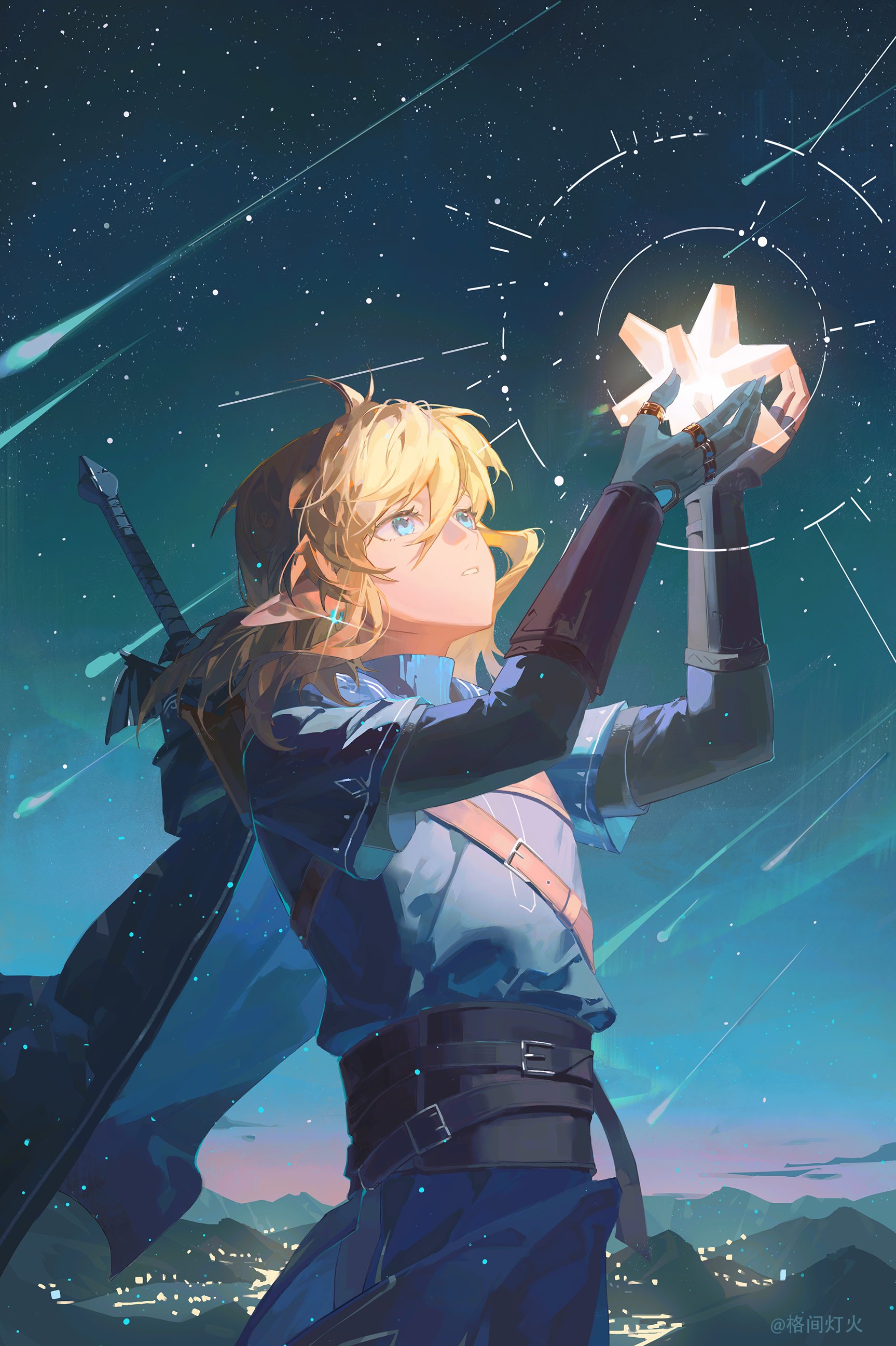 gejiandenghuo, link, nintendo, the legend of zelda, absurdres, highres, 1boy, arm up, blonde hair, blue eyes, dusk, earrings, holding, jewelry, pointy ears, ring, shooting star, solo, standing