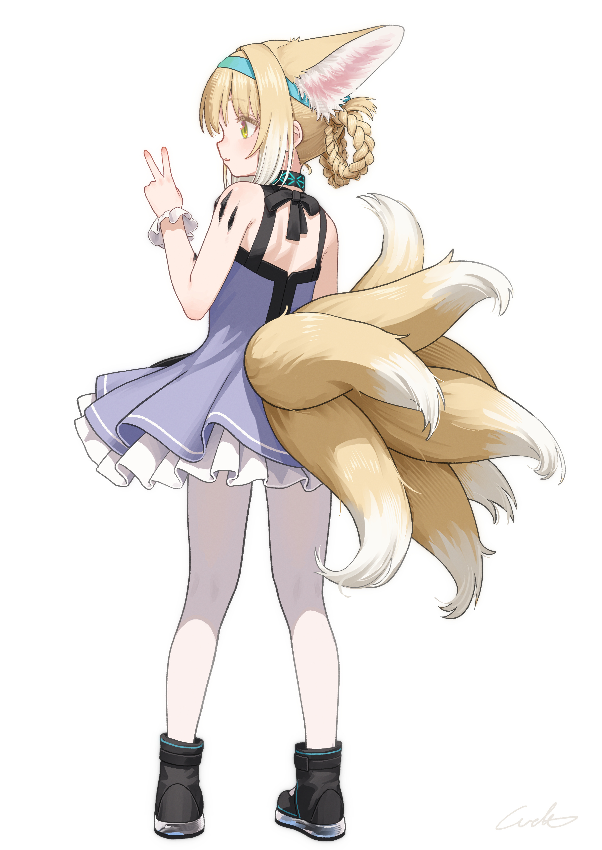 welt (kinsei koutenkyoku), infection monitor (arknights), suzuran (arknights), arknights, absurdres, commentary, highres, 1girl, animal ears, blonde hair, dress, fox ears, fox girl, fox tail, full body, hairband, material growth, multiple tails, oripathy lesion (arknights), pantyhose, simple background, solo, tail, v, white background, white pantyhose
