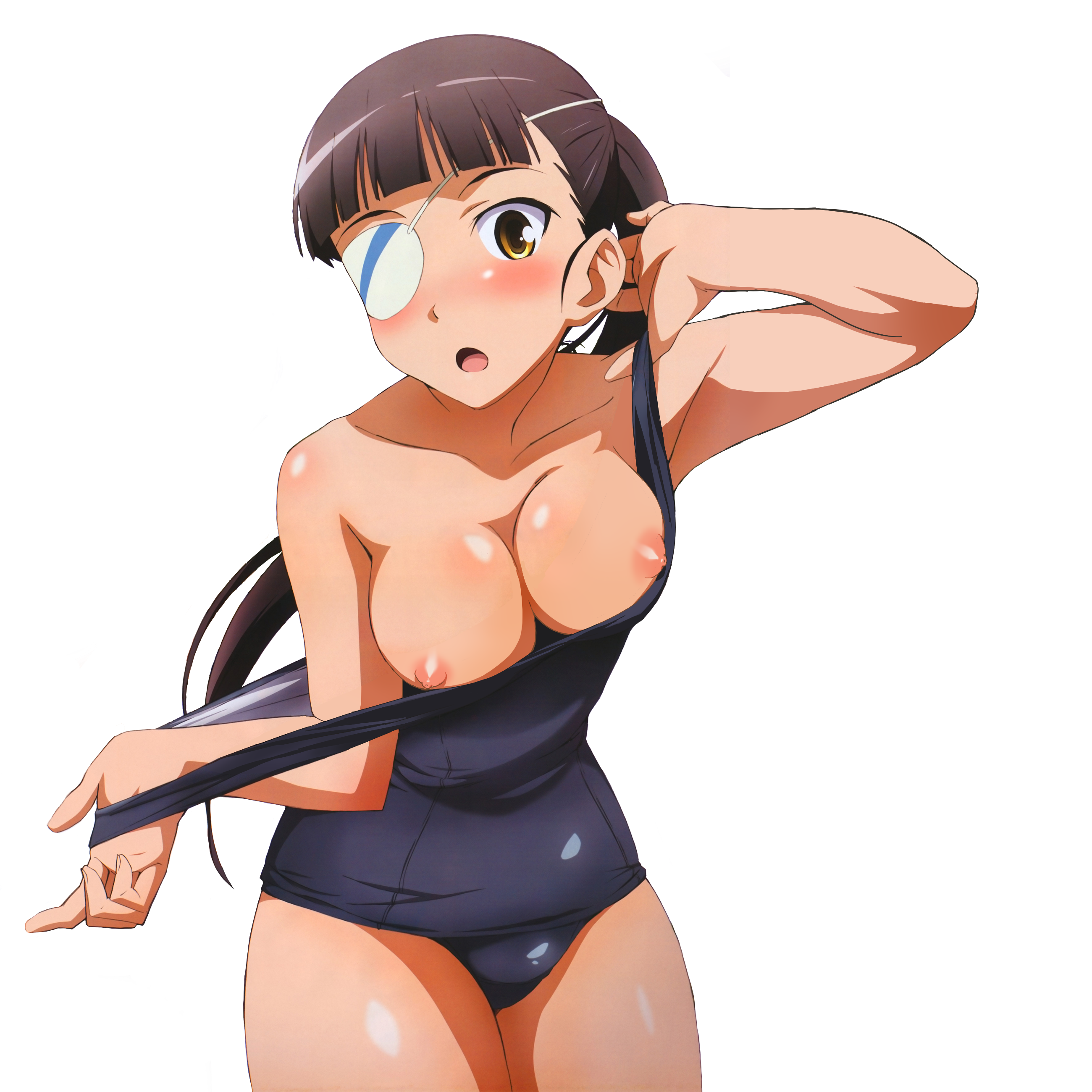 onoda masahito, sakamoto mio, megami magazine, strike witches, world witches series, absurdres, highres, non-web source, nude filter, third-party edit, 00s, 1girl, :o, armpits, black hair, blunt bangs, blush, breasts, cleavage, clothes pull, embarrassed, eyepatch, female focus, glasses, large breasts, long hair, nipple slip, nipples, nude, one-piece swimsuit, one-piece swimsuit pull, panties, ponytail, school swimsuit, shiny clothes, solo, standing, surprised, swimsuit, transparent background, underwear, undressing, yellow eyes