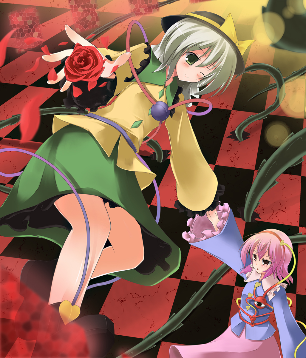 nekomushi, komeiji koishi, komeiji satori, touhou, highres, 2girls, female focus, flower, hat, multiple girls, plant, rose, siblings, sisters, skirt