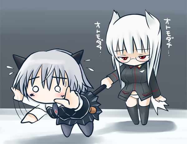 heidimarie w. schnaufer, sanya v. litvyak, strike witches, world witches series, translated, 00s, 2girls, black pantyhose, chibi, holding another's tail, multiple girls, o o, panties, pantyhose, tail, tail grab, underwear