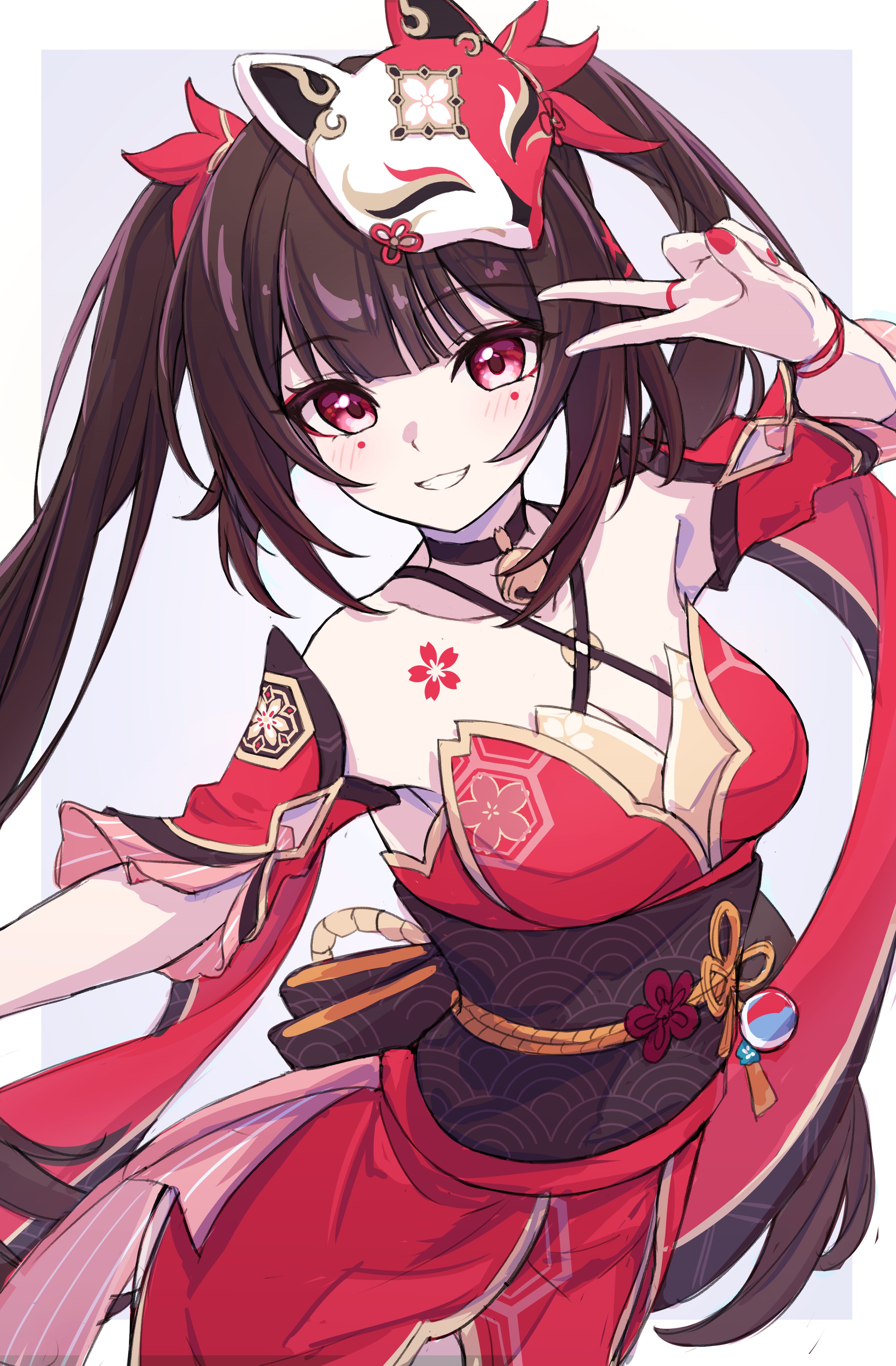 tomatology3, sparkle (honkai: star rail), honkai: star rail, honkai (series), absurdres, commentary, highres, 1girl, bare shoulders, bell, black choker, black sash, breasts, brown hair, chest tattoo, choker, cleavage, cowboy shot, criss-cross halter, dress, flower tattoo, fox mask, grey background, grin, halterneck, long hair, looking at viewer, mark under both eyes, mask, mask on head, neck bell, o-ring, o-ring top, red dress, red eyes, red nails, sash, seigaiha, simple background, smile, solo, tattoo, twintails, v, v over eye