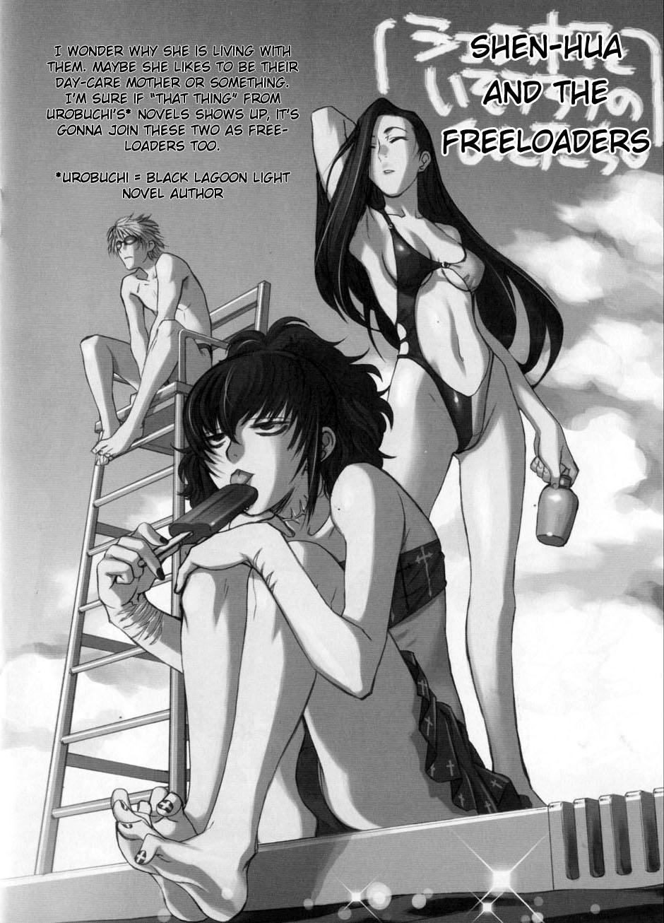 agua-verde, hiroe rei, frederica sawyer, rotton the wizard, shenhua, black lagoon, hard-translated, highres, non-web source, official art, third-party edit, translated, 00s, 1boy, 2girls, armpits, barefoot, drink, feet, food, greyscale, ice cream, lifeguard, monochrome, multiple girls, nail art, nail polish, scar, scar on neck, swimsuit, toes