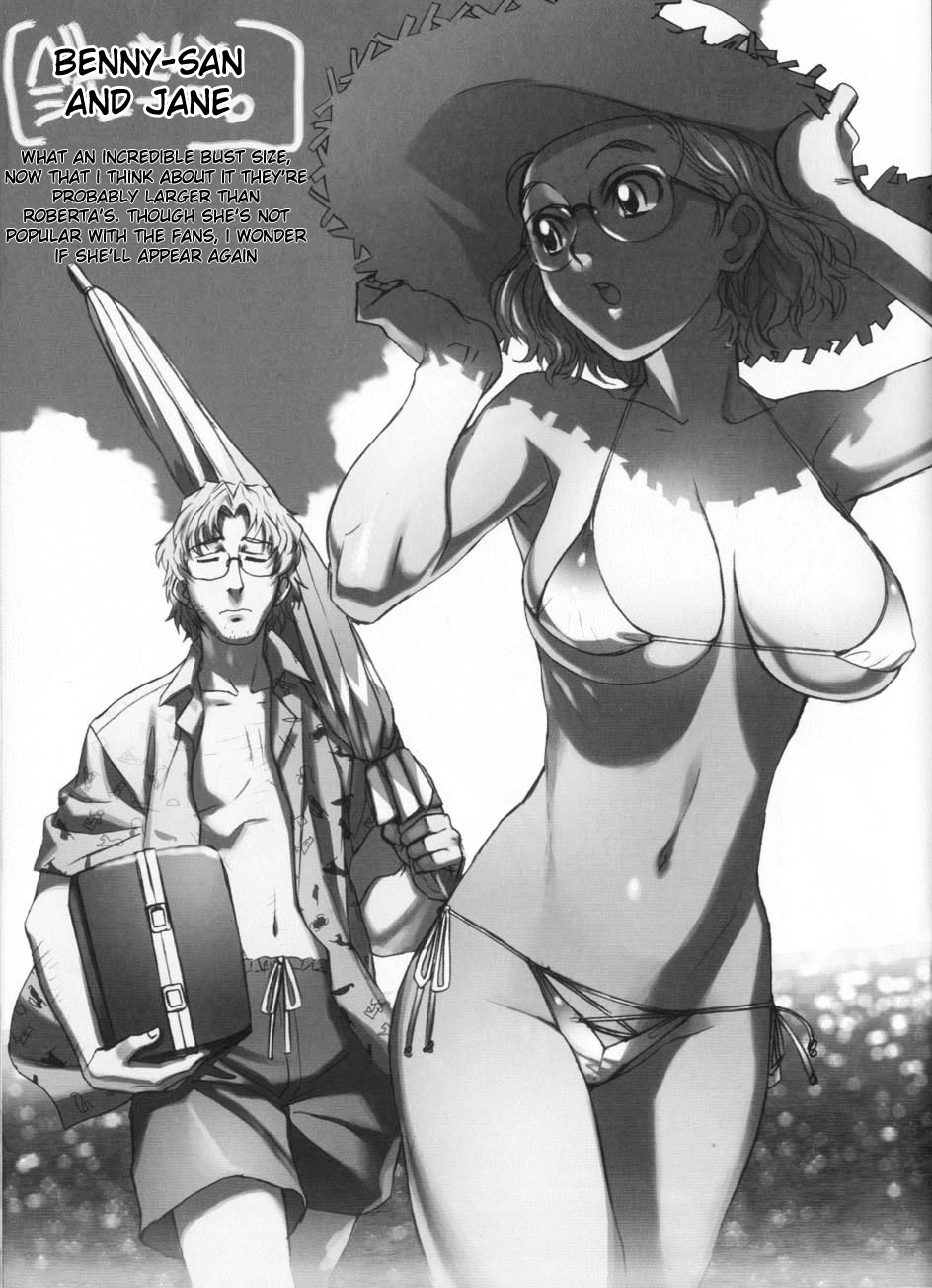 agua-verde, hiroe rei, benny (black lagoon), jane, janet bhai, black lagoon, hard-translated, highres, non-web source, official art, third-party edit, translated, 00s, 1boy, 1girl, :o, beach umbrella, bikini, breasts, closed umbrella, couple, covered erect nipples, facial hair, glasses, greyscale, hat, hawaiian shirt, hetero, huge breasts, large breasts, micro bikini, monochrome, navel, nipples, open clothes, open shirt, rimless eyewear, shiny skin, shirt, short hair, shorts, side-tie bikini bottom, swimsuit, tan, umbrella