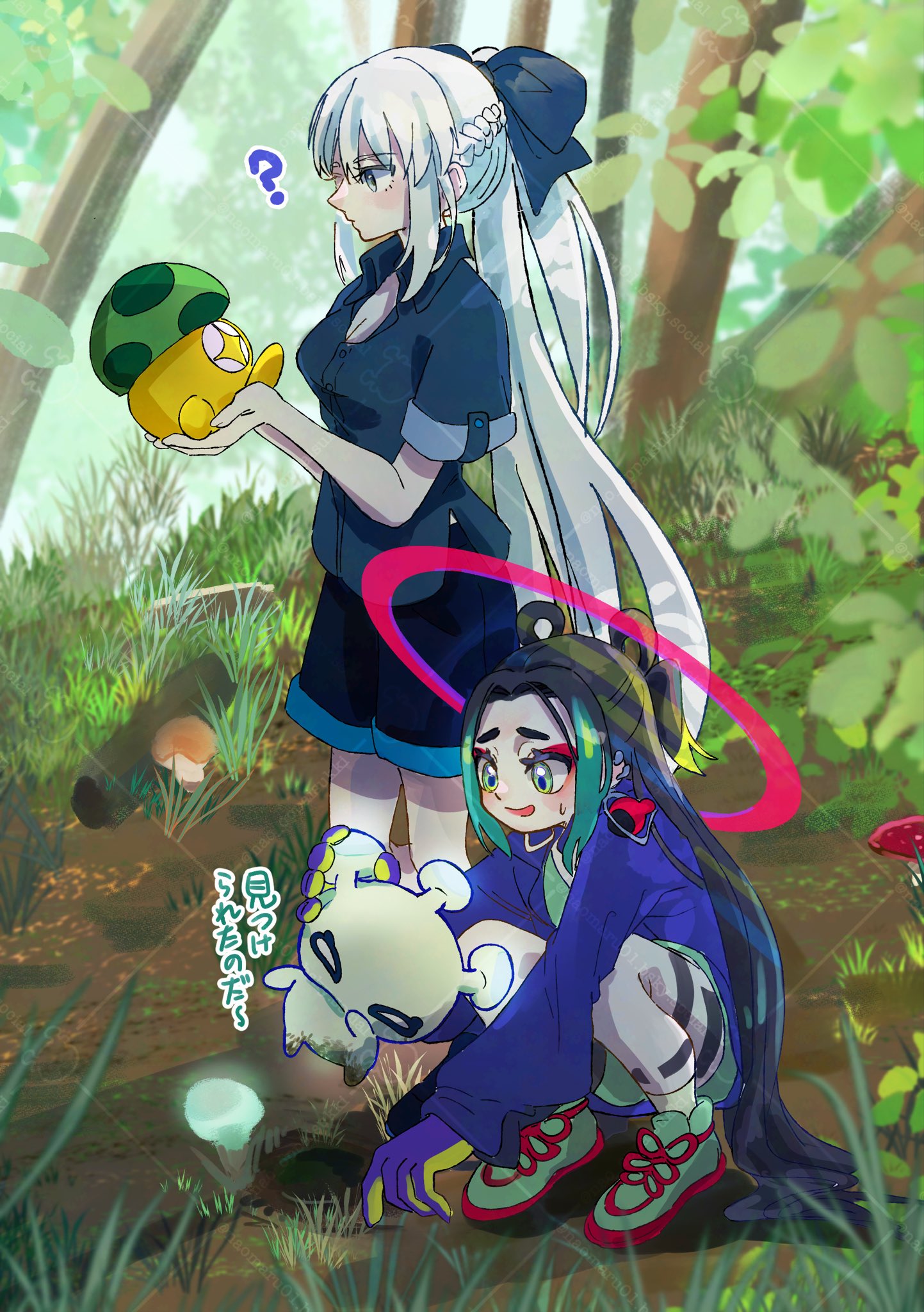 con (fate), morgan le fay (fate), fate/grand order, fate (series), highres, 2girls, black bow, blue eyes, blush, bow, braid, green eyes, hair between eyes, hair bow, half up braid, long hair, long sleeves, multiple girls, nao oppaisukiii, ponytail, shoes, short sleeves, standing, very long hair