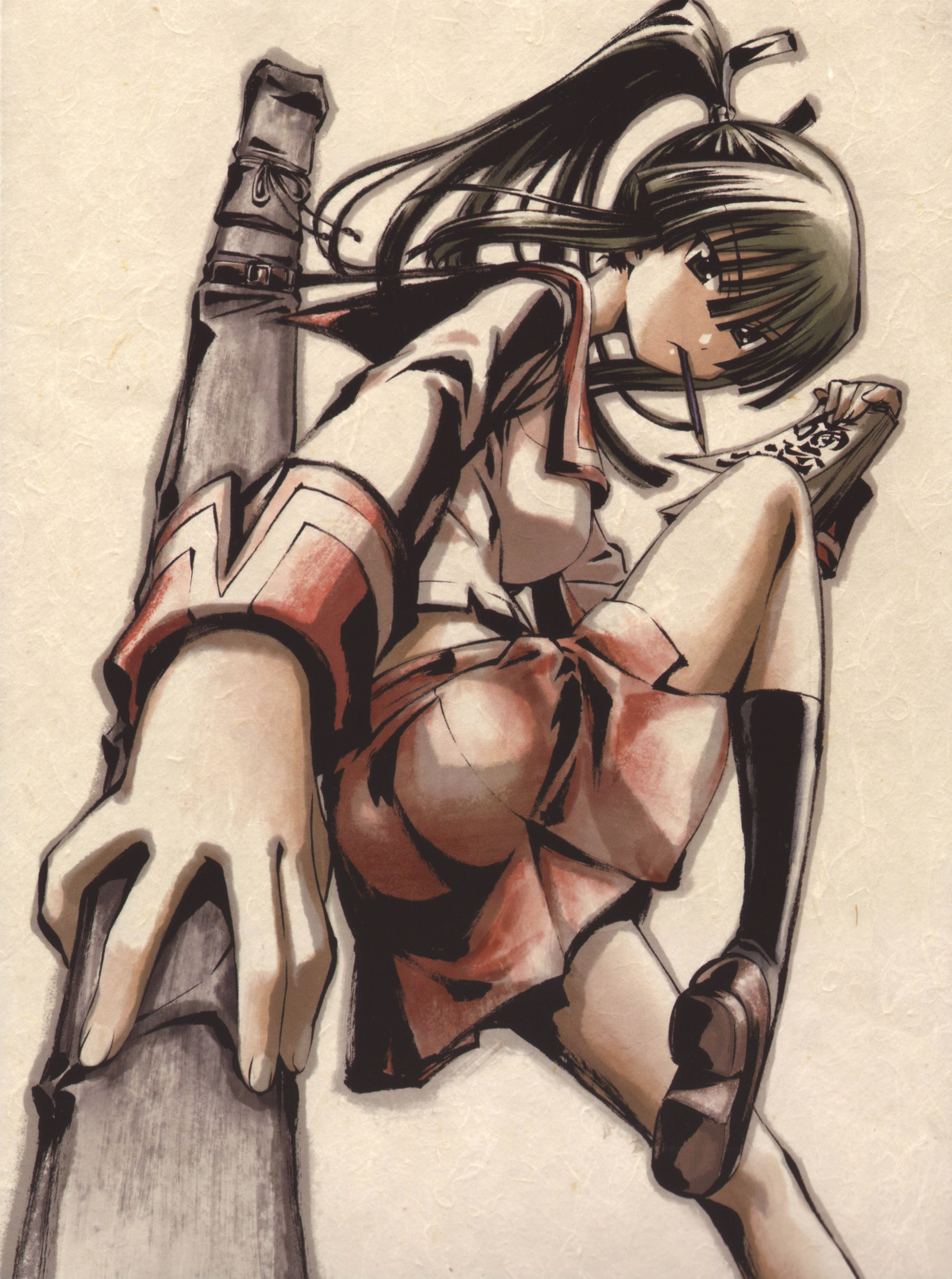 shiranui akeno, seto no hanayome, absurdres, highres, 00s, 1girl, ass, black hair, breasts, female focus, ponytail, school uniform, socks, solo, sword, weapon