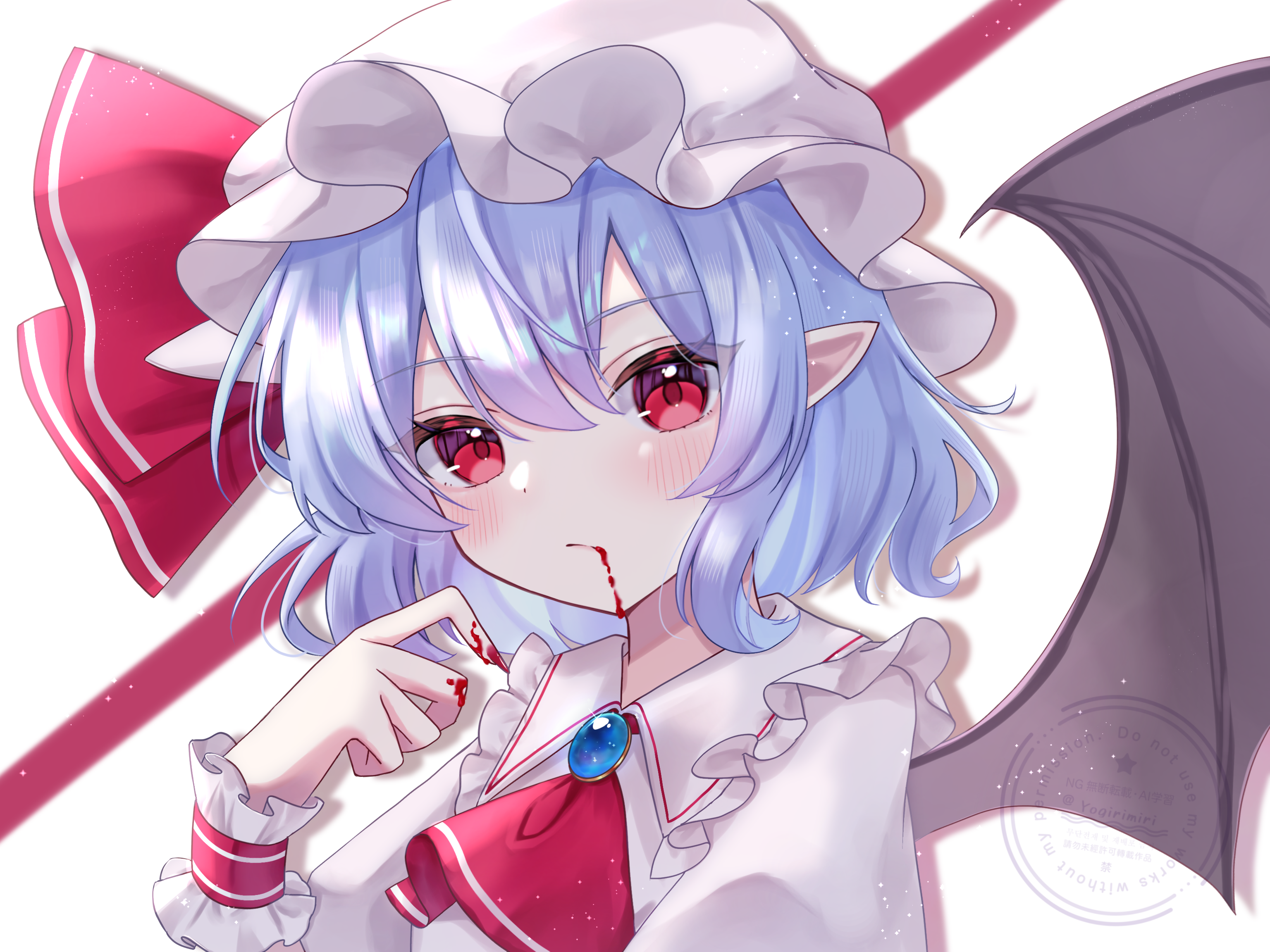 yogiri miri, remilia scarlet, touhou, commentary request, highres, 1girl, bat wings, black wings, blood, blue hair, bow, brooch, dress, fang, frilled dress, frills, hat, jewelry, large bow, long sleeves, mob cap, red bow, red eyes, shirt, short hair, solo, vampire, white shirt, wings