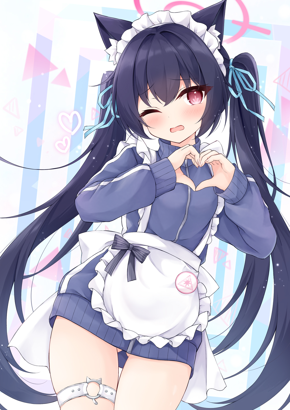 mochizuki riku, serika (blue archive), blue archive, commentary, highres, 1girl, alternate costume, animal ears, apron, black hair, cat ears, halo, heart, heart hands, jacket, jersey maid, long hair, maid, maid headdress, one eye closed, red eyes, solo, twintails, unconventional maid