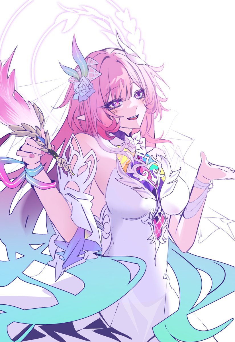 34umyeo, cyrene (honkai: star rail), cyrene (ripples of past reverie) (honkai: star rail), honkai: star rail, honkai (series), commentary, highres, symbol-only commentary, 1girl, aqua hair, bare shoulders, breasts, diamond-shaped pupils, diamond (shape), flower, gradient hair, hair flower, hair ornament, halo, holding, holding quill, large breasts, long hair, multicolored hair, pink hair, pointy ears, purple eyes, quill, simple background, solo, symbol-shaped pupils, very long hair, white background, white hair