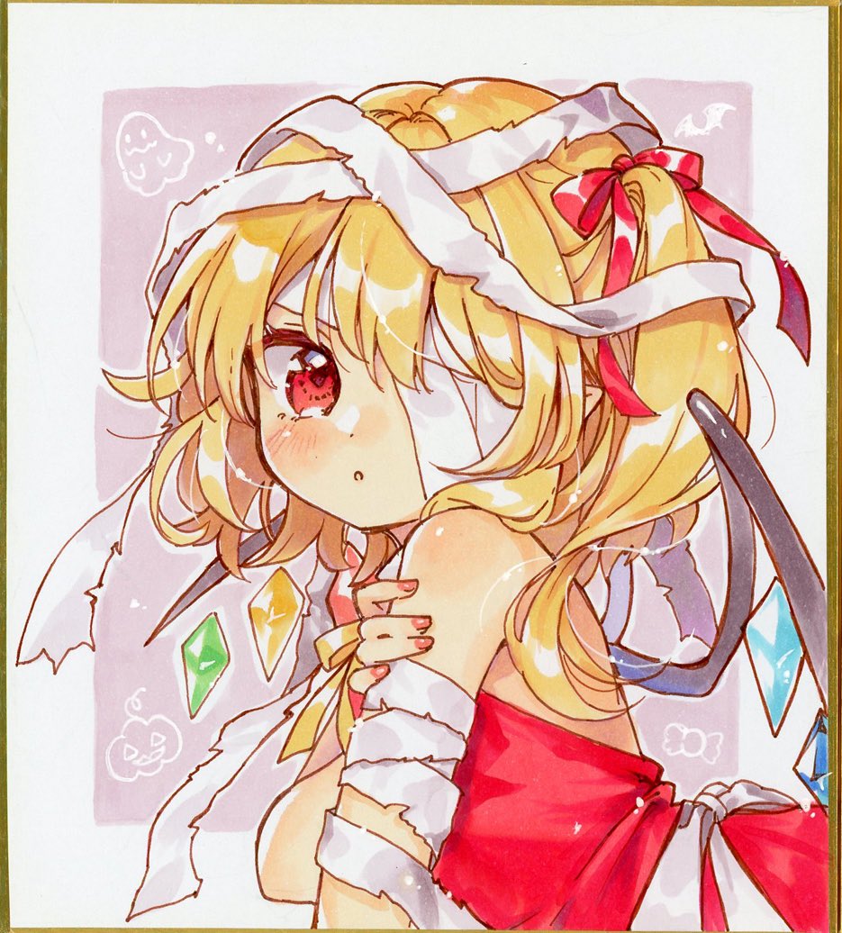 mimi (mimi puru), flandre scarlet, touhou, commentary request, marker (medium), traditional media, 1girl, bandage over one eye, bandaged arm, bandages, blonde hair, dress, from side, hair ribbon, hand on own shoulder, long hair, looking at viewer, looking to the side, one side up, pointy ears, red dress, red eyes, red ribbon, ribbon, shikishi, solo, upper body, wings