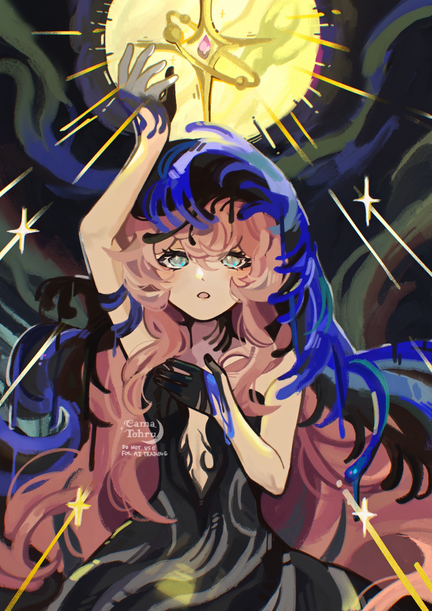 nautika (reverse:1999), reverse:1999, highres, 1girl, :o, arm up, bare arms, bare shoulders, black hands, black veil, blue eyes, blue veil, cama (camatohru), colored extremities, dark background, dress, facing viewer, gem, hands up, long hair, looking up, pink gemstone, pink hair, plunging neckline, solo, sparkle, strapless, strapless dress, upper body, veil, very long hair